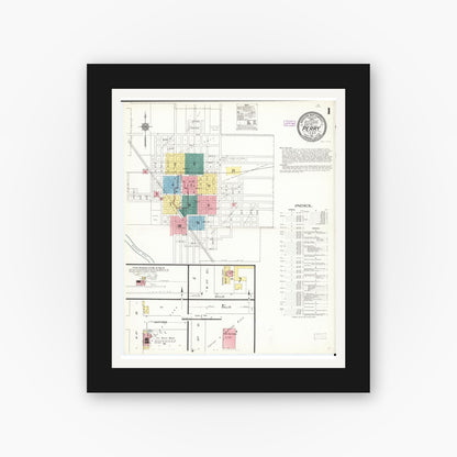 Old map wall art mockup — black gallery frame with white mat — Sanborn Fire Insurance Map from Perry, Dallas County, Iowa (1911), Sheet #0001