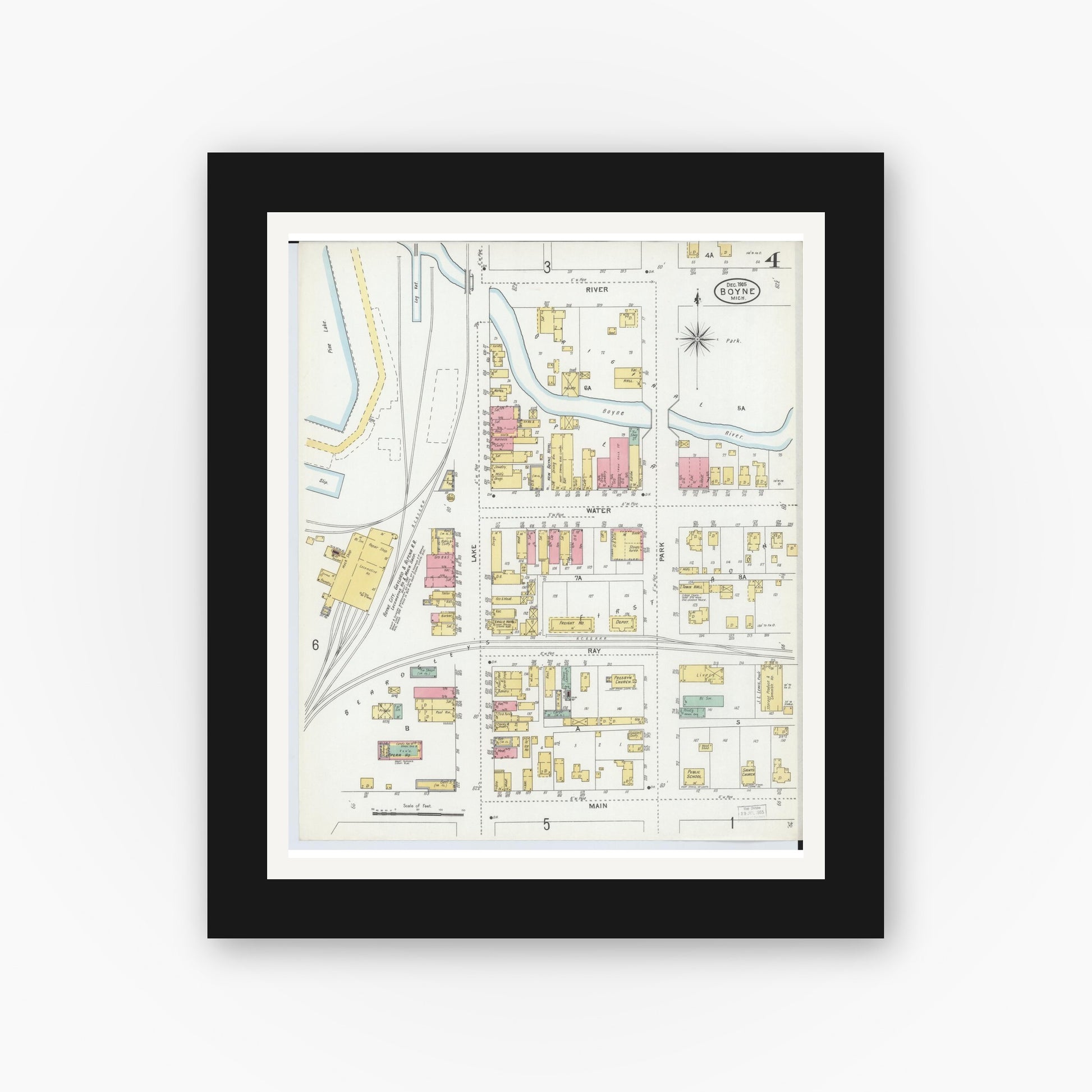 Old map wall art mockup — black gallery frame with white mat — Sanborn Fire Insurance Map from Boyne City, Charlevoix County, Michigan (1905), Sheet #0004