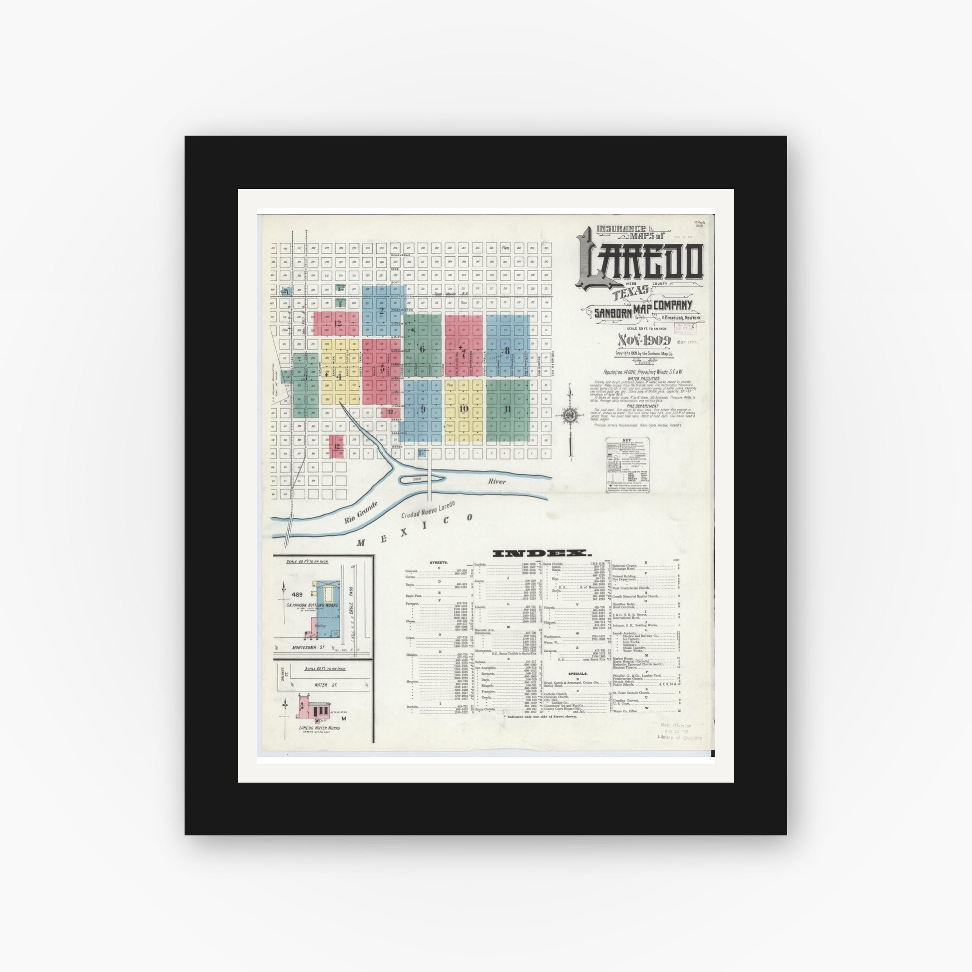Old map wall art mockup — black gallery frame with white mat — Sanborn Fire Insurance Map from Laredo, Webb County, Texas (1909), Sheet #0001