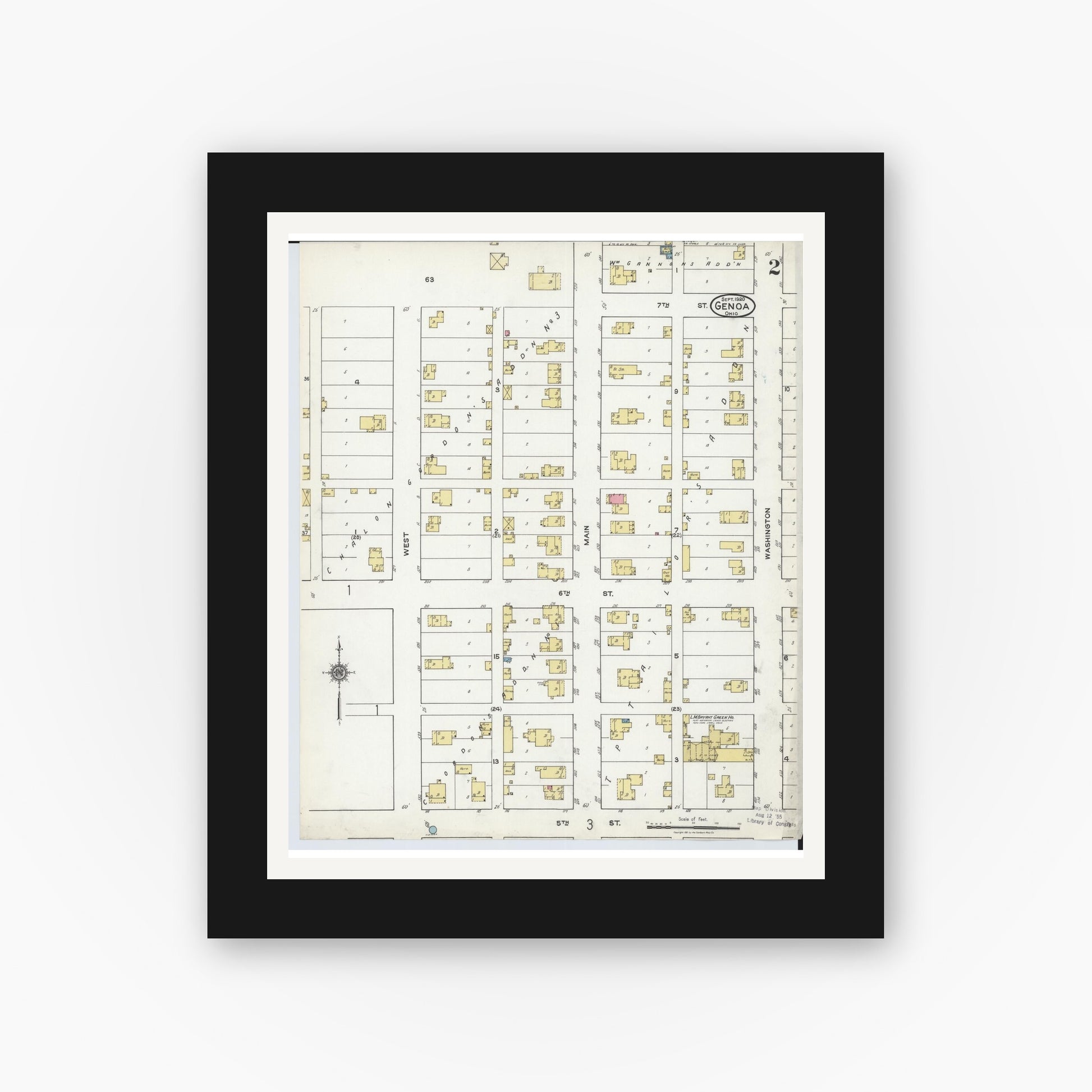 Old map wall art mockup — black gallery frame with white mat — Sanborn Fire Insurance Map from Genoa, Ottawa County, Ohio (1920), Sheet #0002