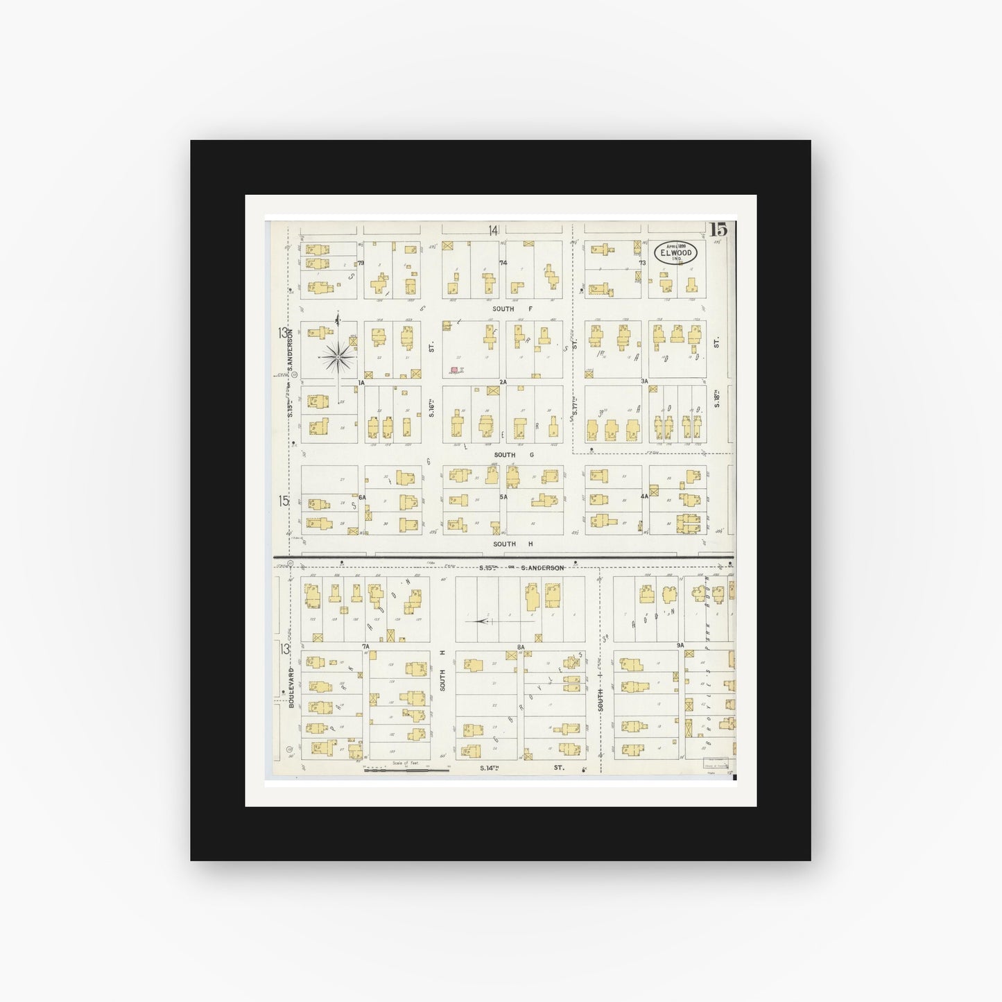 Old map wall art mockup — black gallery frame with white mat — Sanborn Fire Insurance Map from Elwood, Madison County, Indiana (1899), Sheet #0015