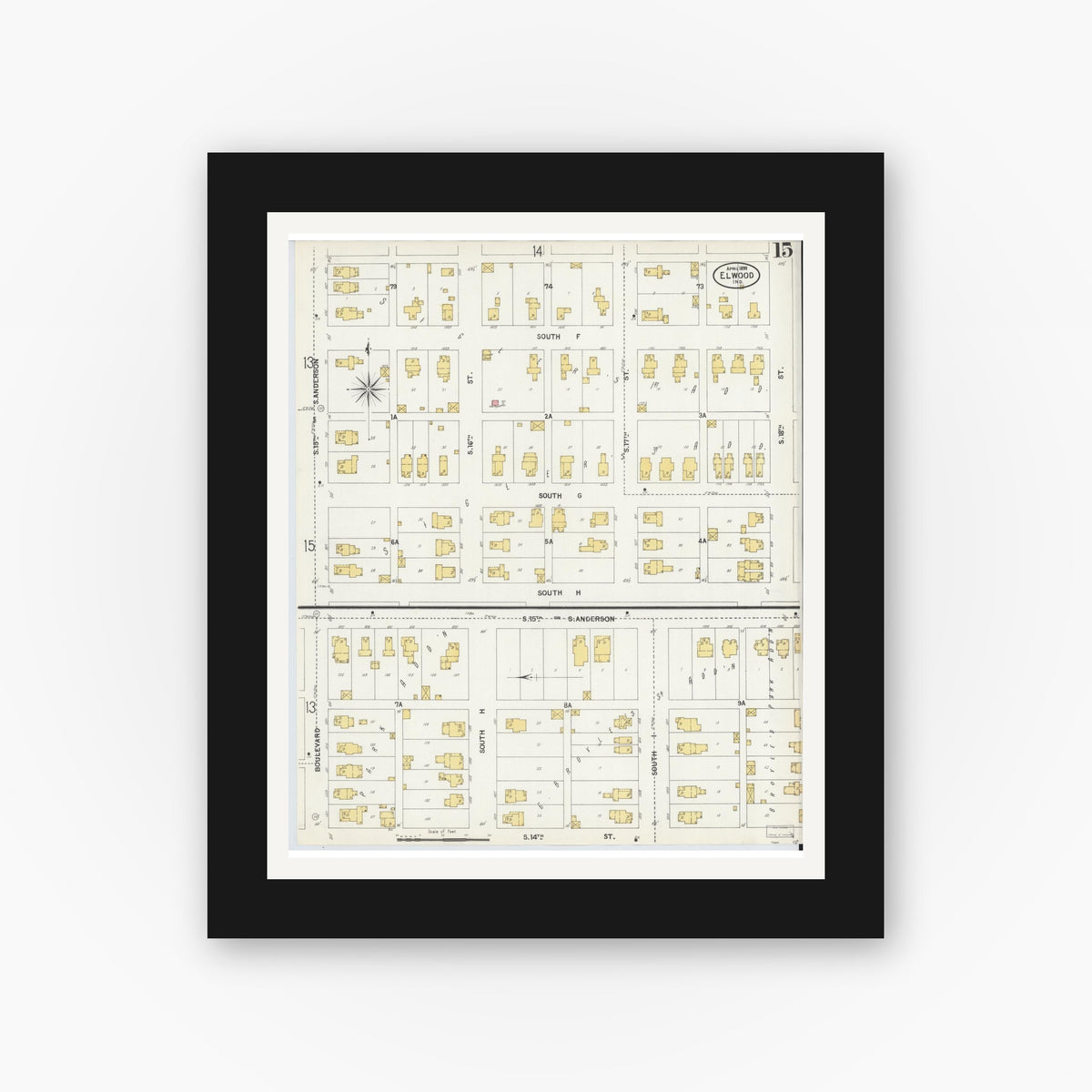Old map wall art mockup — black gallery frame with white mat — Sanborn Fire Insurance Map from Elwood, Madison County, Indiana (1899), Sheet #0015