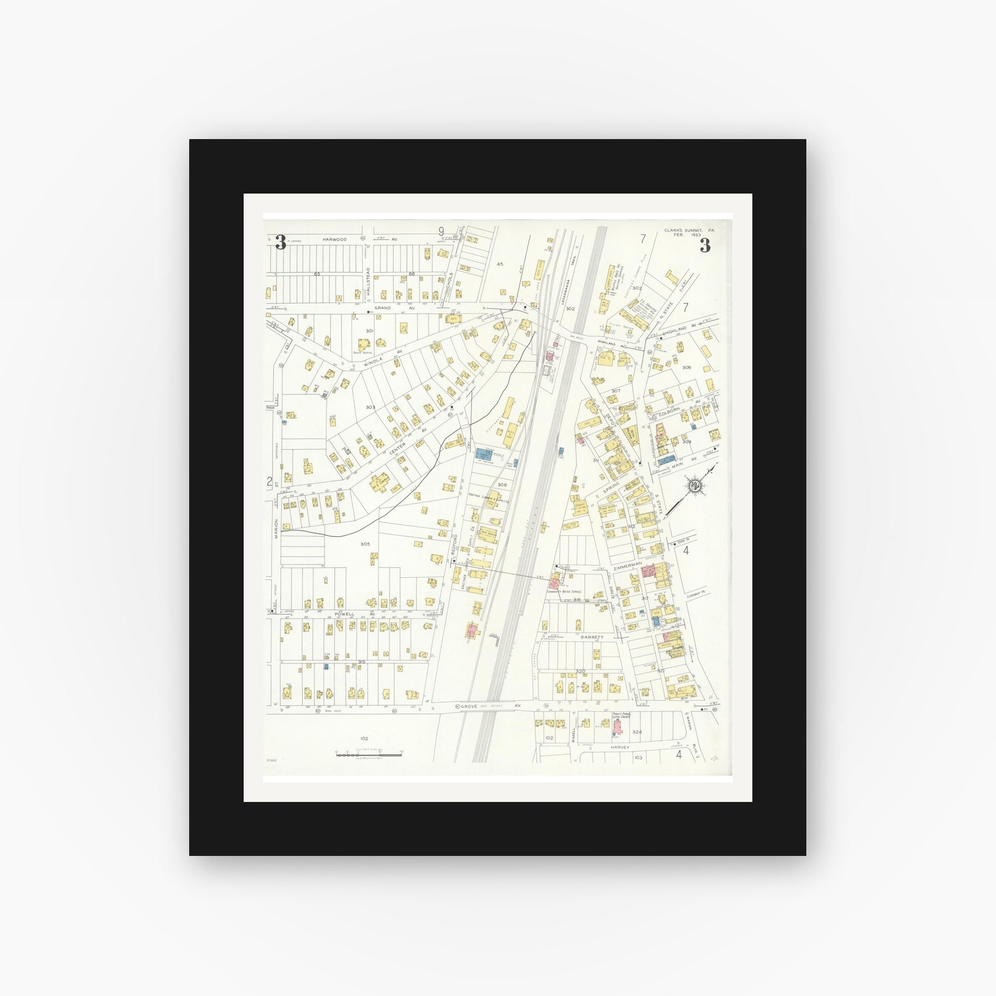 Old map wall art mockup — black gallery frame with white mat — Sanborn Fire Insurance Map from Clark's Summit, Lackawanna County, Pennsylvania (1933), Sheet #0003