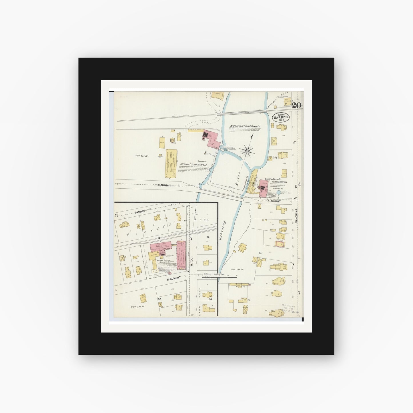 Old map wall art mockup — black gallery frame with white mat — Sanborn Fire Insurance Map from Warren, Trumbull County, Ohio (1902), Sheet #0020