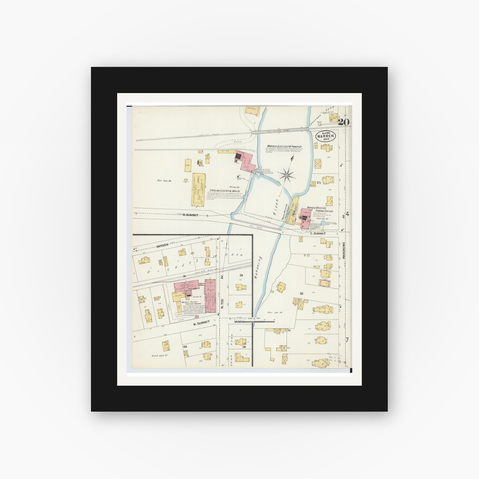 Old map wall art mockup — black gallery frame with white mat — Sanborn Fire Insurance Map from Warren, Trumbull County, Ohio (1902), Sheet #0020