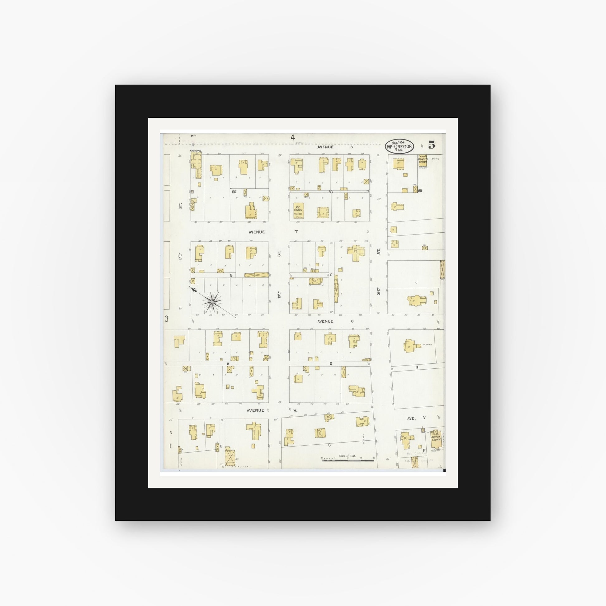 Old map wall art mockup — black gallery frame with white mat — Sanborn Fire Insurance Map from McGregor, McLennan County, Texas (1904), Sheet #0005