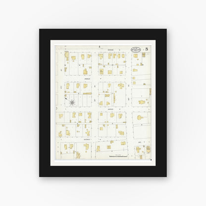 Old map wall art mockup — black gallery frame with white mat — Sanborn Fire Insurance Map from McGregor, McLennan County, Texas (1904), Sheet #0005