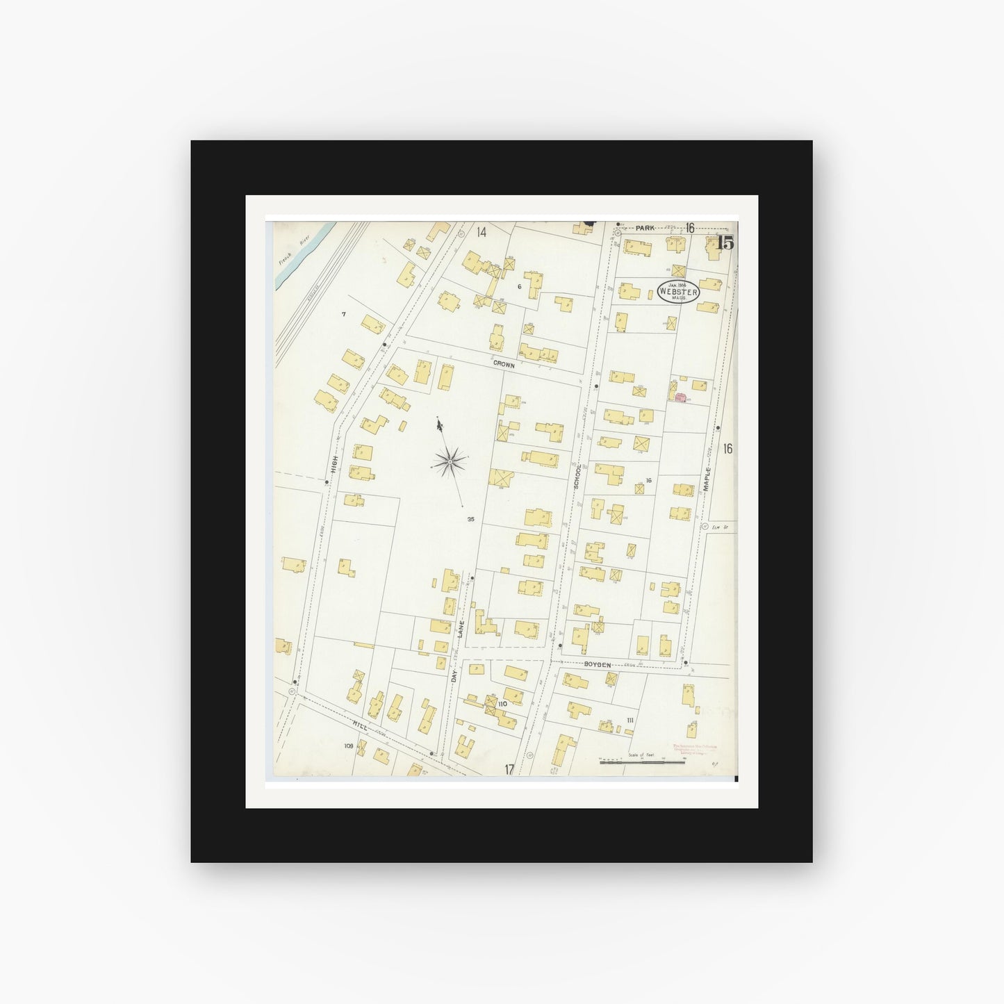 Old map wall art mockup — black gallery frame with white mat — Sanborn Fire Insurance Map from Webster, Worcester County, Massachusetts (1904), Sheet #0015