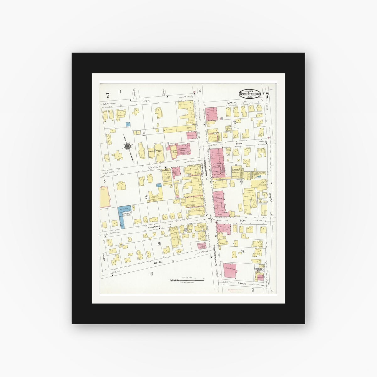 Old map wall art mockup — black gallery frame with white mat — Sanborn Fire Insurance Map from North Attleborough, Bristol County, Massachusetts (1924), Sheet #0007