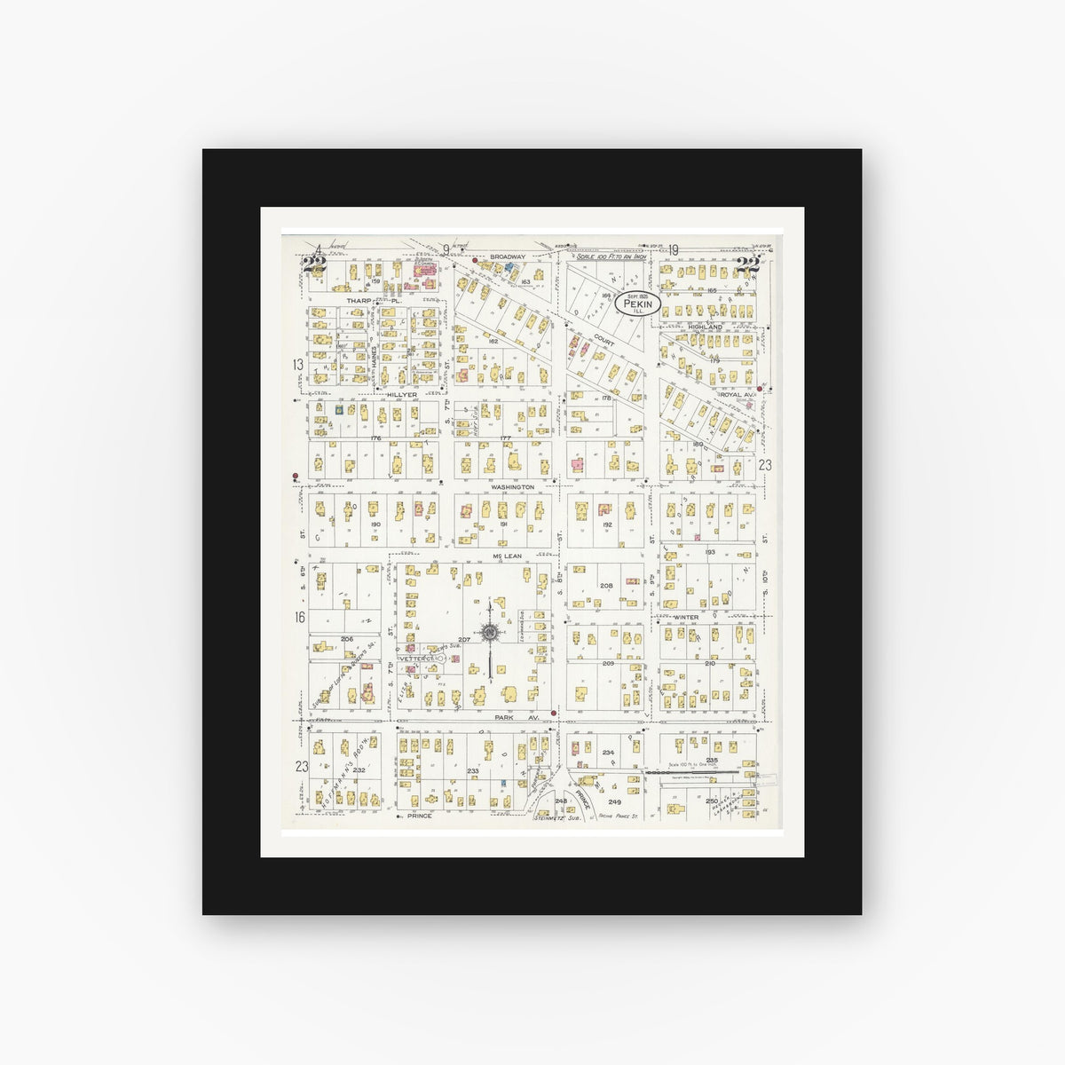 Old map wall art mockup — black gallery frame with white mat — Sanborn Fire Insurance Map from Pekin, Tazewell County, Illinois (1925), Sheet #0022