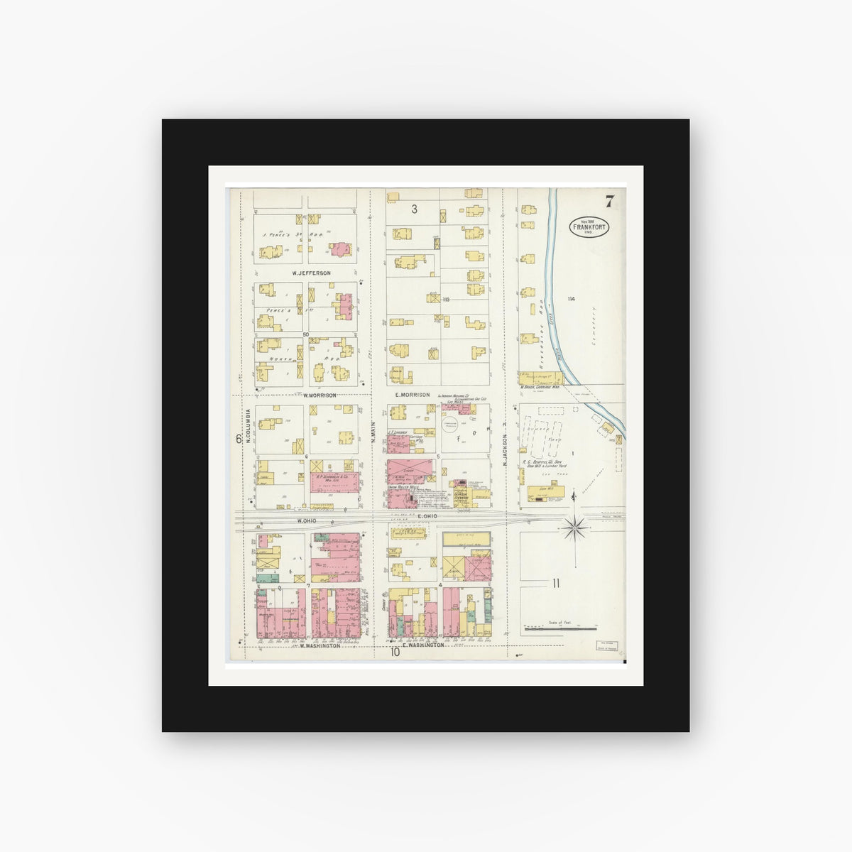 Old map wall art mockup — black gallery frame with white mat — Sanborn Fire Insurance Map from Frankfort, Clinton County, Indiana (1898), Sheet #0007