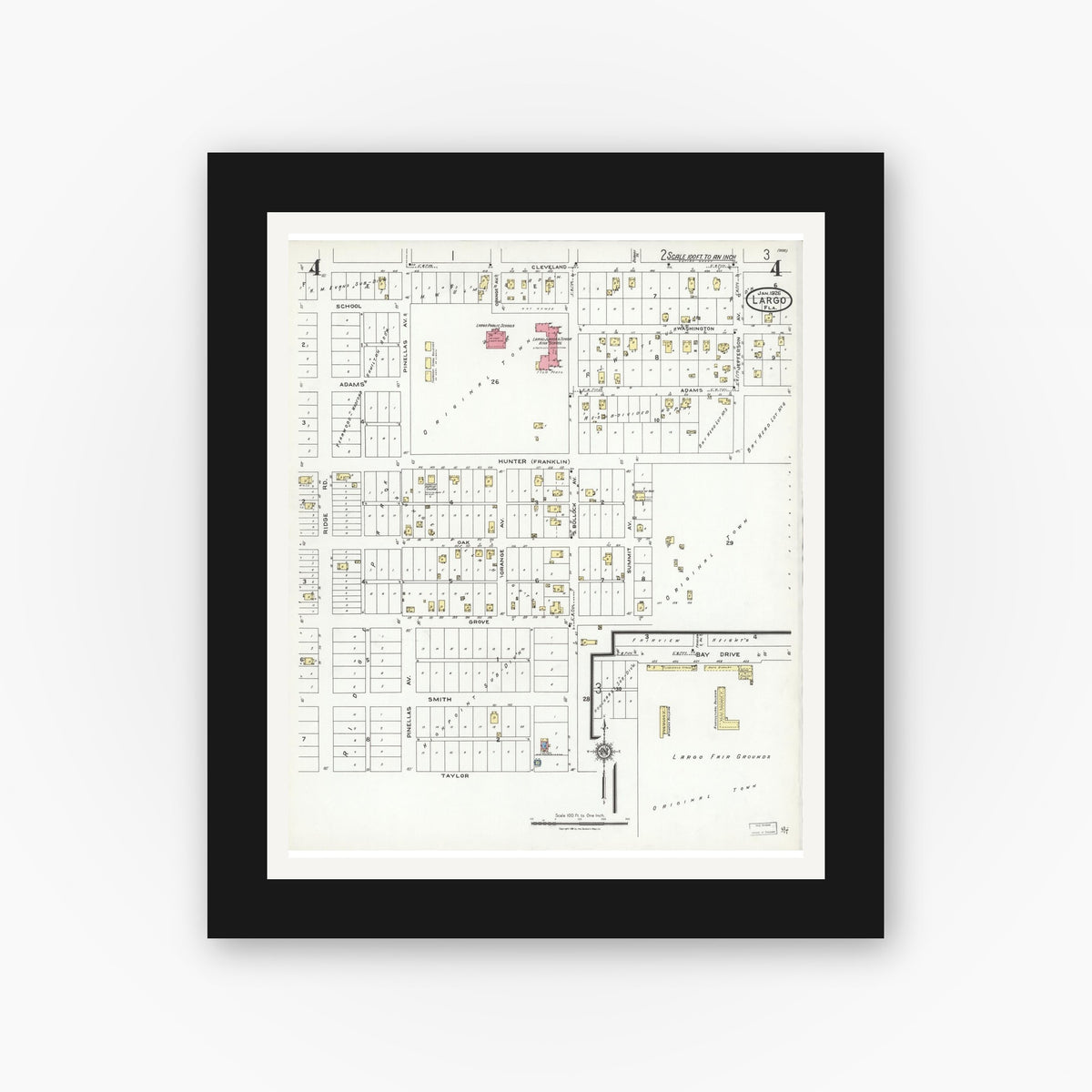 Old map wall art mockup — black gallery frame with white mat — Sanborn Fire Insurance Map from Largo, Pinellas County, Florida (1926), Sheet #0004