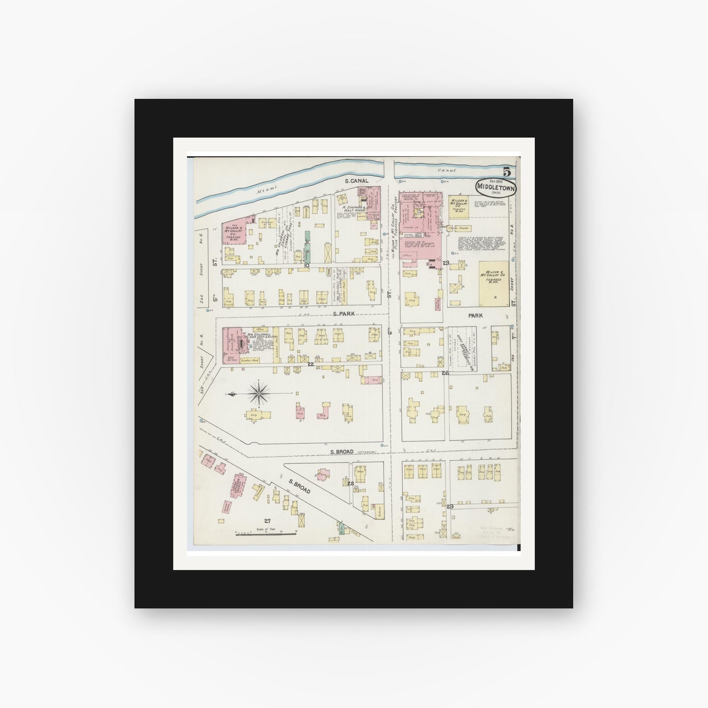 Old map wall art mockup — black gallery frame with white mat — Sanborn Fire Insurance Map from Middletown, Butler County, Ohio (1890), Sheet #0005