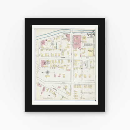 Old map wall art mockup — black gallery frame with white mat — Sanborn Fire Insurance Map from Middletown, Butler County, Ohio (1890), Sheet #0005