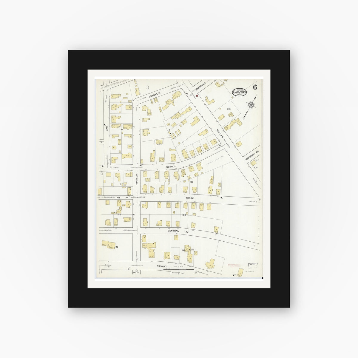 Old map wall art mockup — black gallery frame with white mat — Sanborn Fire Insurance Map from Danvers, Essex County, Massachusetts (1916), Sheet #0006