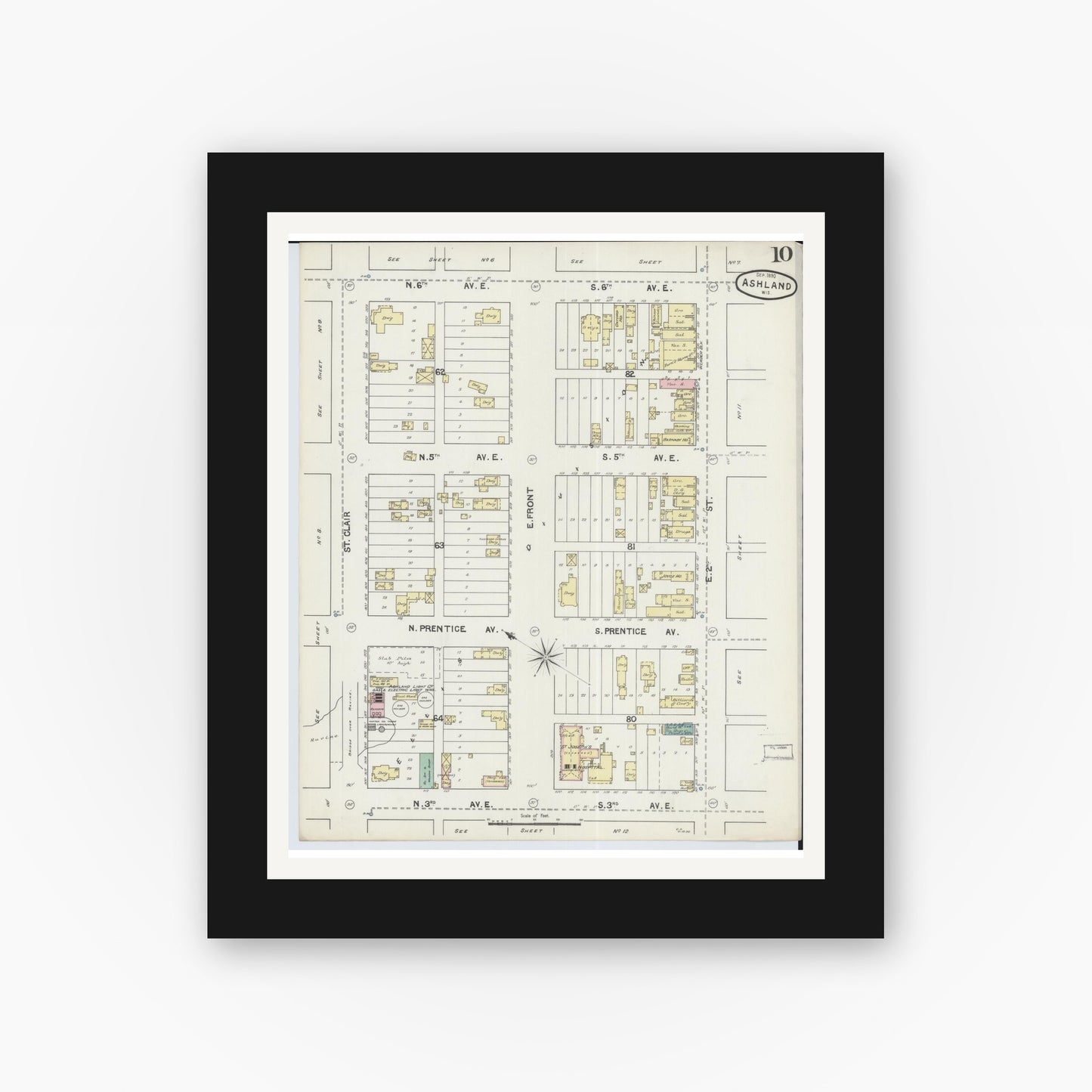 Old map wall art mockup — black gallery frame with white mat — Sanborn Fire Insurance Map from Ashland, Ashland County, Wisconsin (1890), Sheet #0010