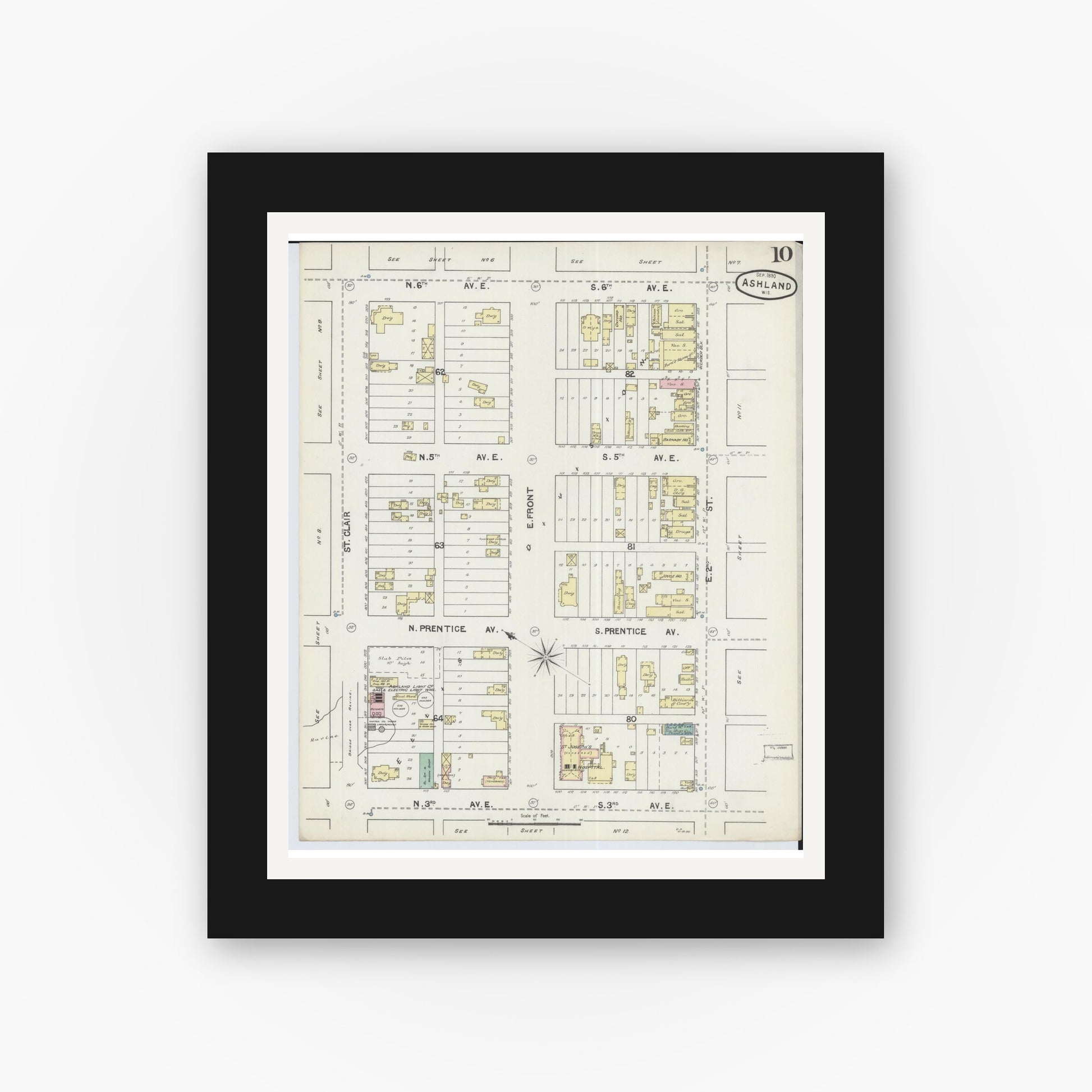 Old map wall art mockup — black gallery frame with white mat — Sanborn Fire Insurance Map from Ashland, Ashland County, Wisconsin (1890), Sheet #0010