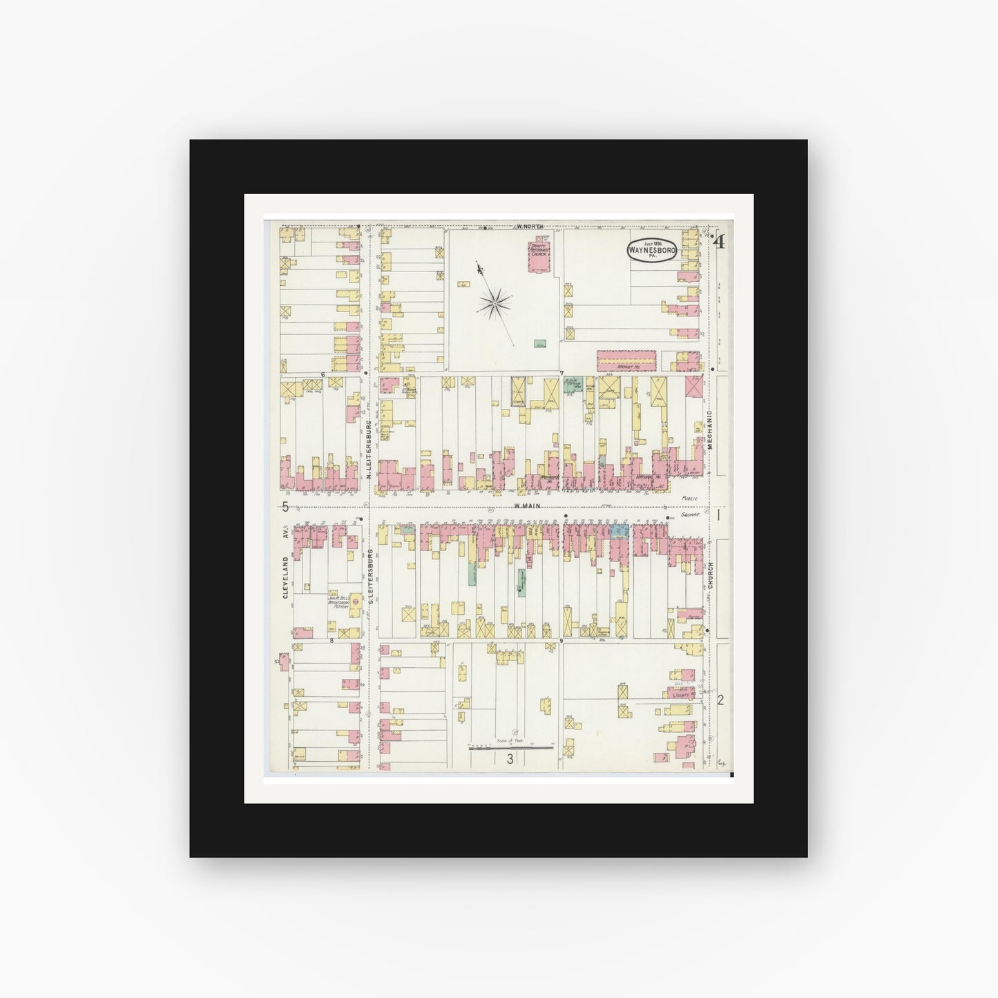 Old map wall art mockup — black gallery frame with white mat — Sanborn Fire Insurance Map from Waynesboro, Franklin County, Pennsylvania (1896), Sheet #0004