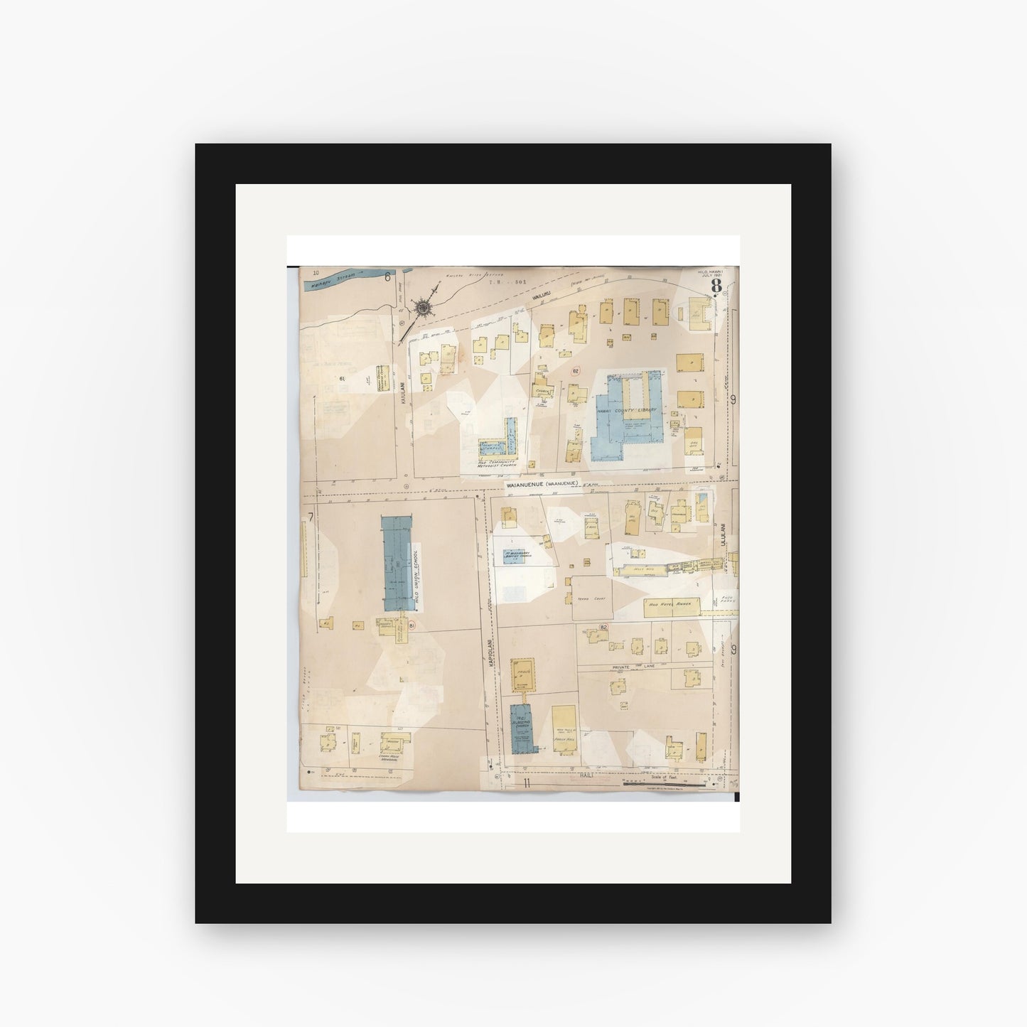 Old map wall art mockup — black gallery frame with white mat — Sanborn Fire Insurance Map from Hilo, Hawaii County, Hawaii (1957), Sheet #0008
