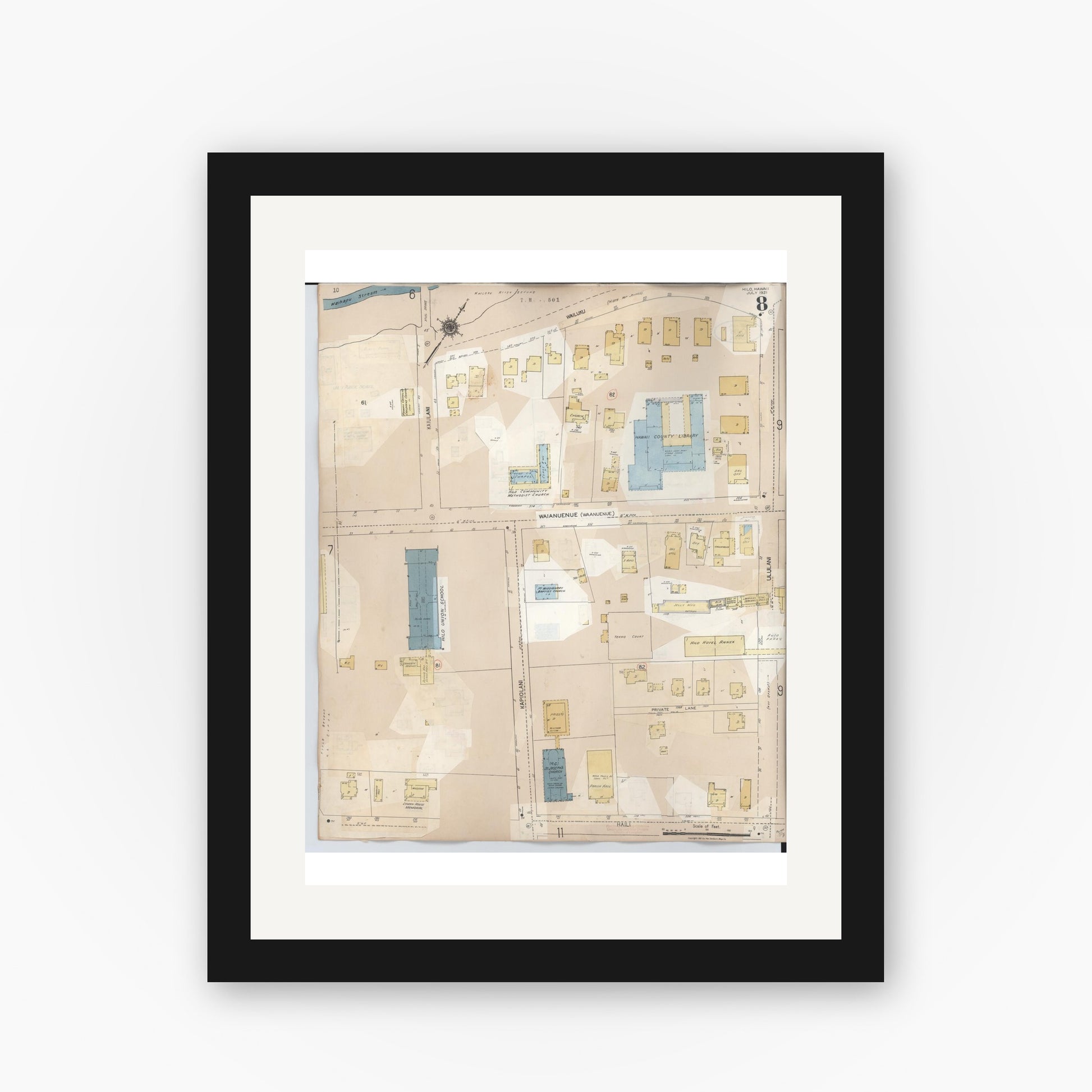 Old map wall art mockup — black gallery frame with white mat — Sanborn Fire Insurance Map from Hilo, Hawaii County, Hawaii (1957), Sheet #0008