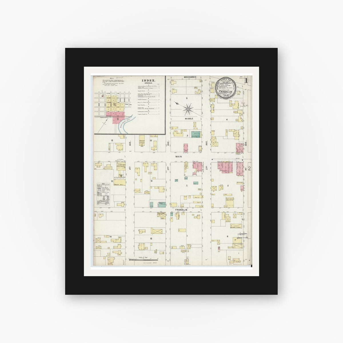 Old map wall art mockup — black gallery frame with white mat — Sanborn Fire Insurance Map from Franklin, Independent Cities, Virginia (1897) - Complete Map Set