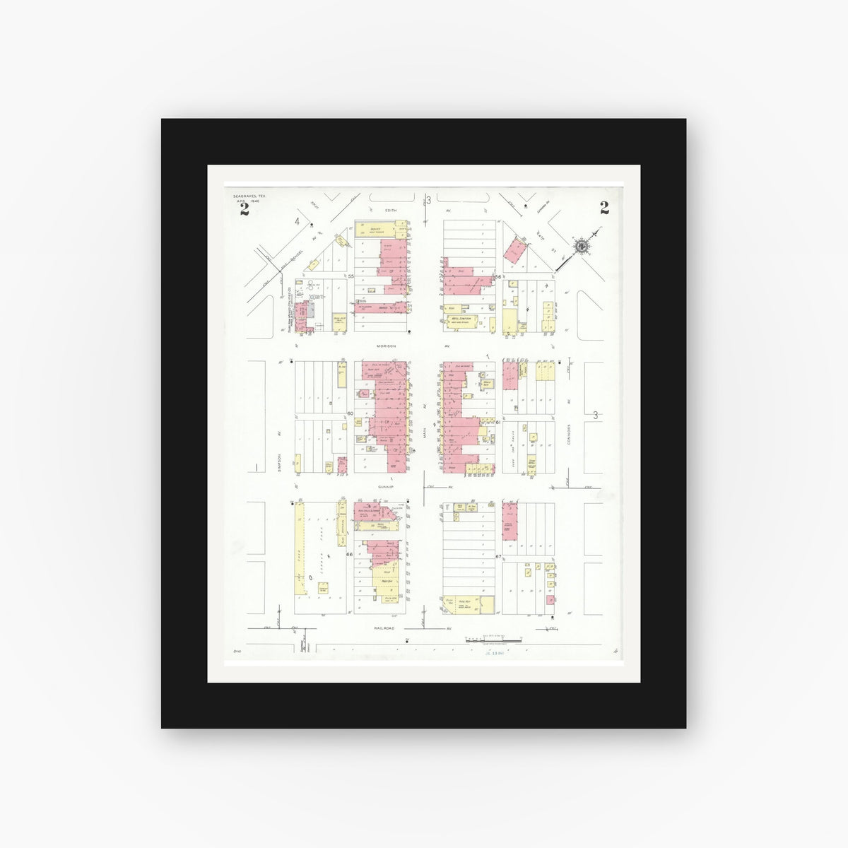 Old map wall art mockup — black gallery frame with white mat — Sanborn Fire Insurance Map from Seagraves, Gaines County, Texas (1940), Sheet #0002