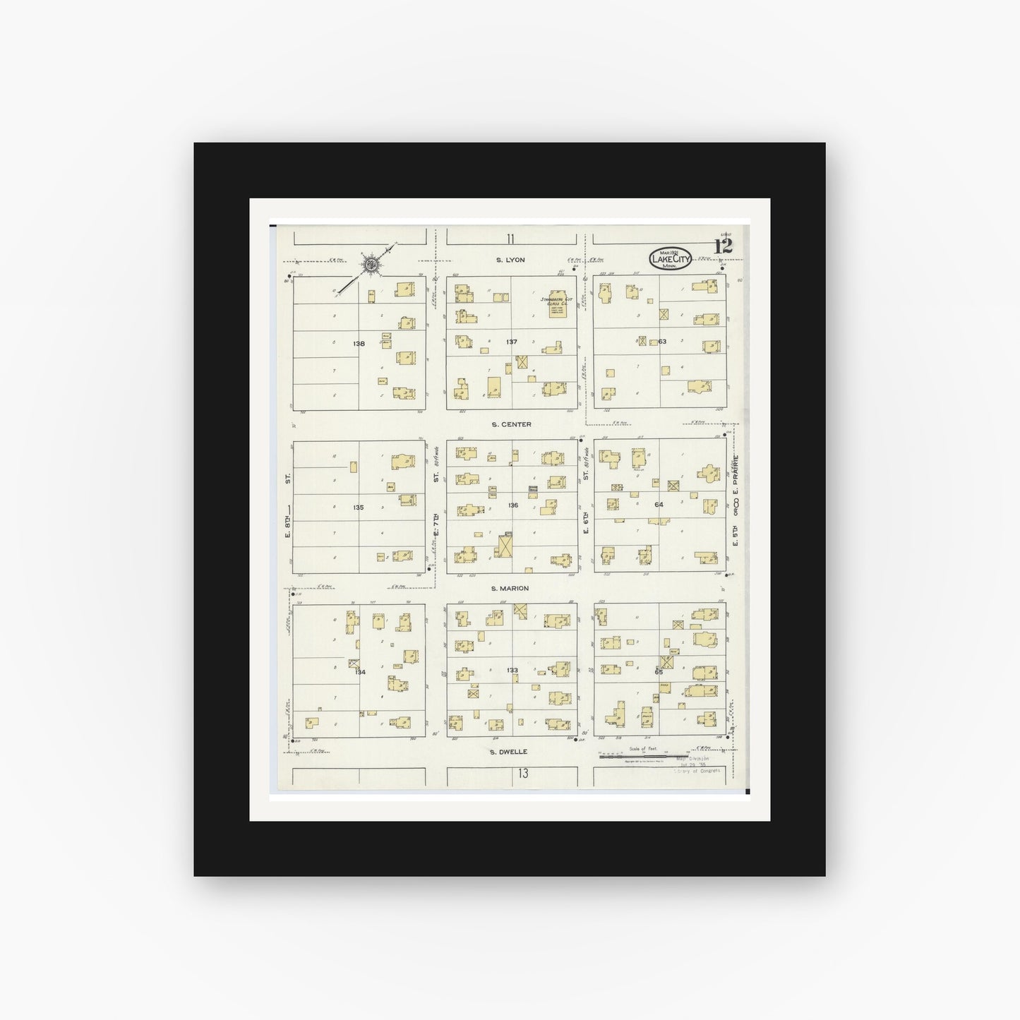 Old map wall art mockup — black gallery frame with white mat — Sanborn Fire Insurance Map from Lake City, Wabasha County, Minnesota (1921), Sheet #0012