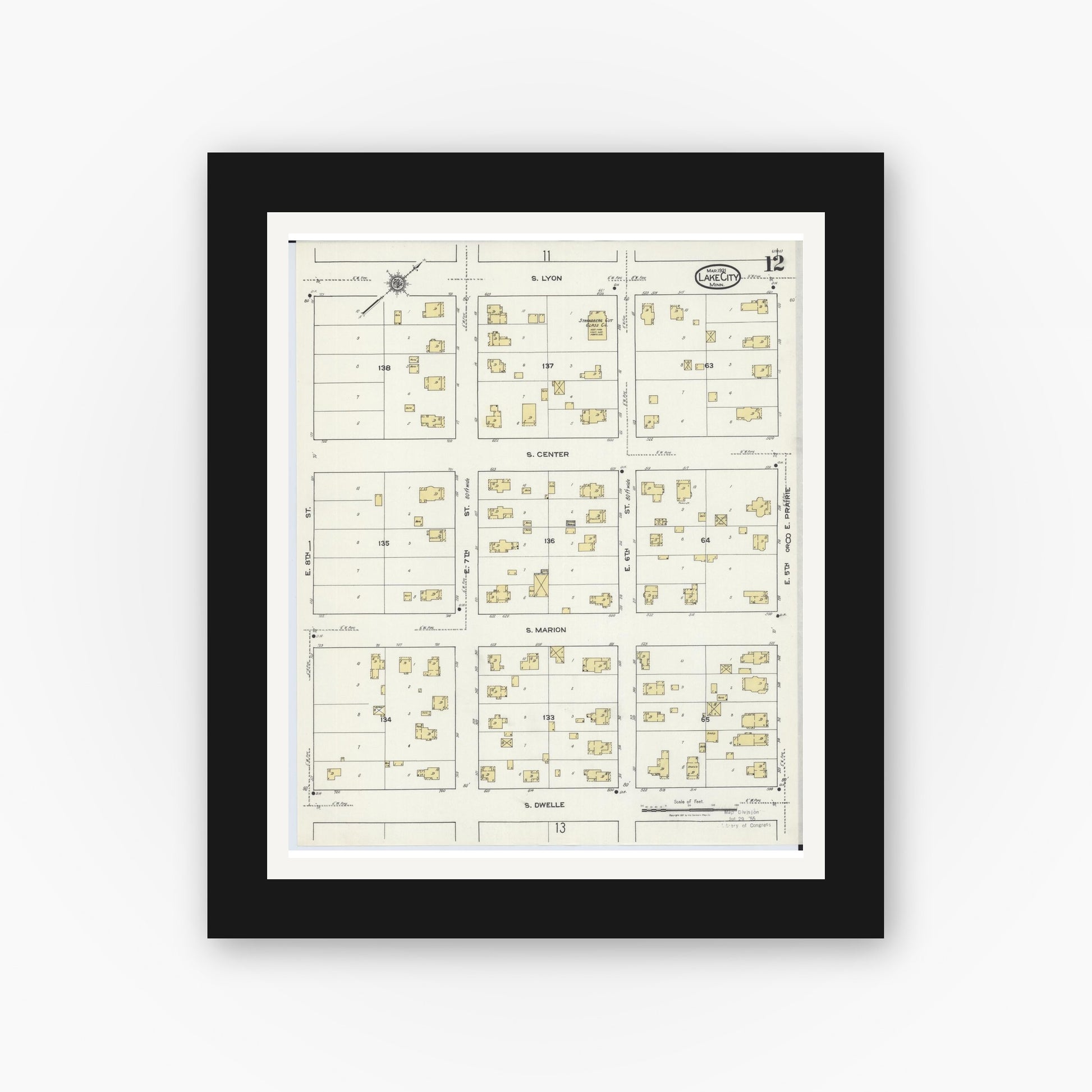 Old map wall art mockup — black gallery frame with white mat — Sanborn Fire Insurance Map from Lake City, Wabasha County, Minnesota (1921), Sheet #0012