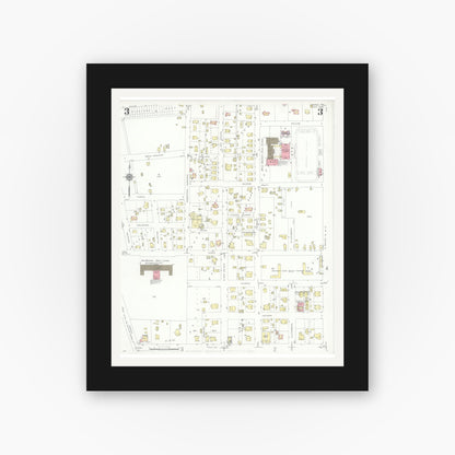 Old map wall art mockup — black gallery frame with white mat — Sanborn Fire Insurance Map from Conroe, Montgomery County, Texas (1938), Sheet #0003