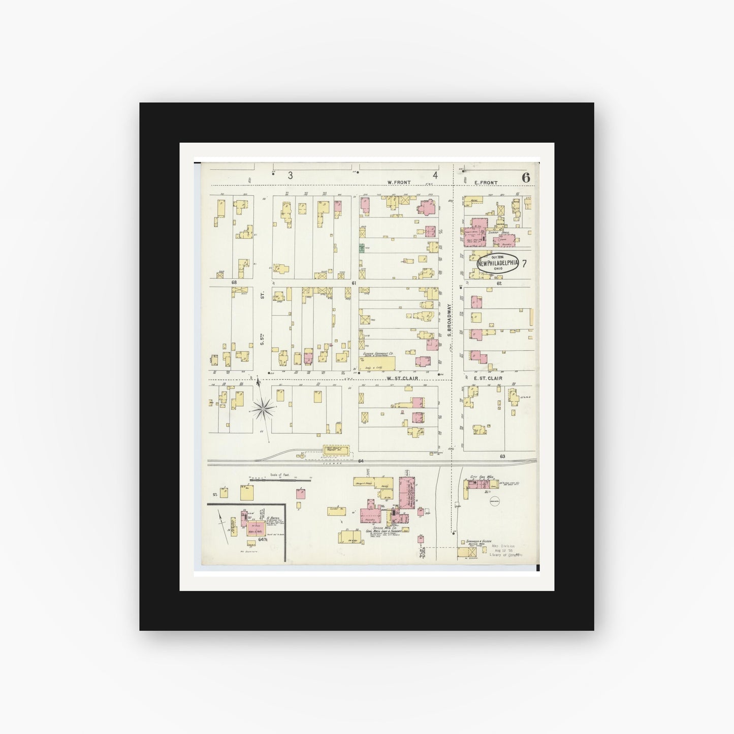 Old map wall art mockup — black gallery frame with white mat — Sanborn Fire Insurance Map from New Philadelphia, Tuscarawas County, Ohio (1896), Sheet #0006