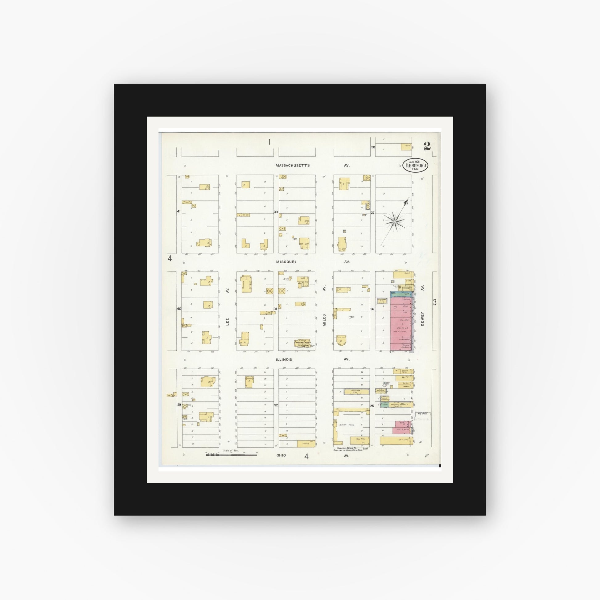 Old map wall art mockup — black gallery frame with white mat — Sanborn Fire Insurance Map from Hereford, Deaf Smith County, Texas (1908), Sheet #0002