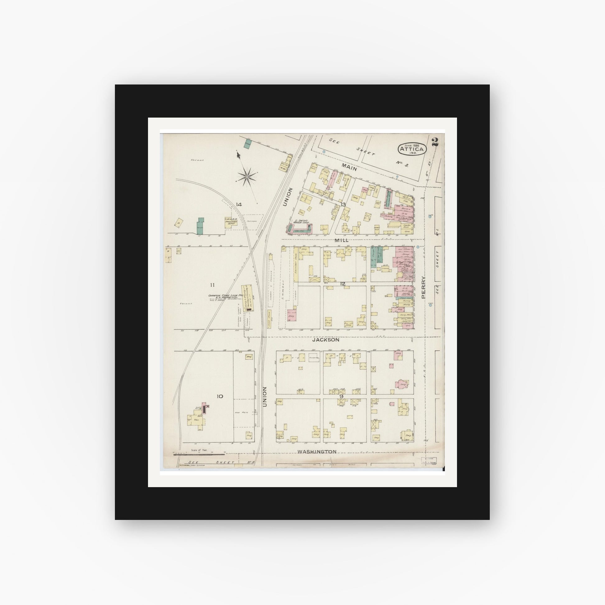 Old map wall art mockup — black gallery frame with white mat — Sanborn Fire Insurance Map from Attica, Fountain County, Indiana (1886), Sheet #0002