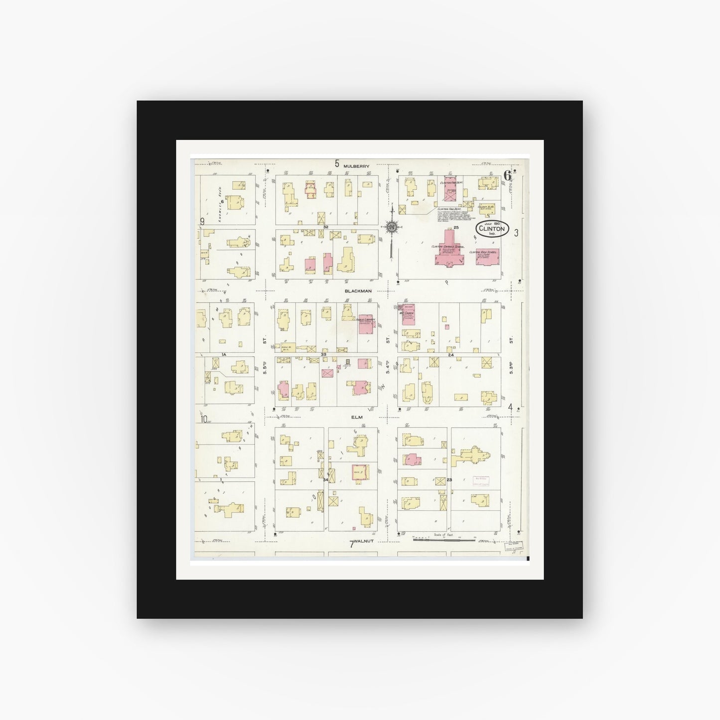 Old map wall art mockup — black gallery frame with white mat — Sanborn Fire Insurance Map from Clinton, Vermillion County, Indiana (1910), Sheet #0006
