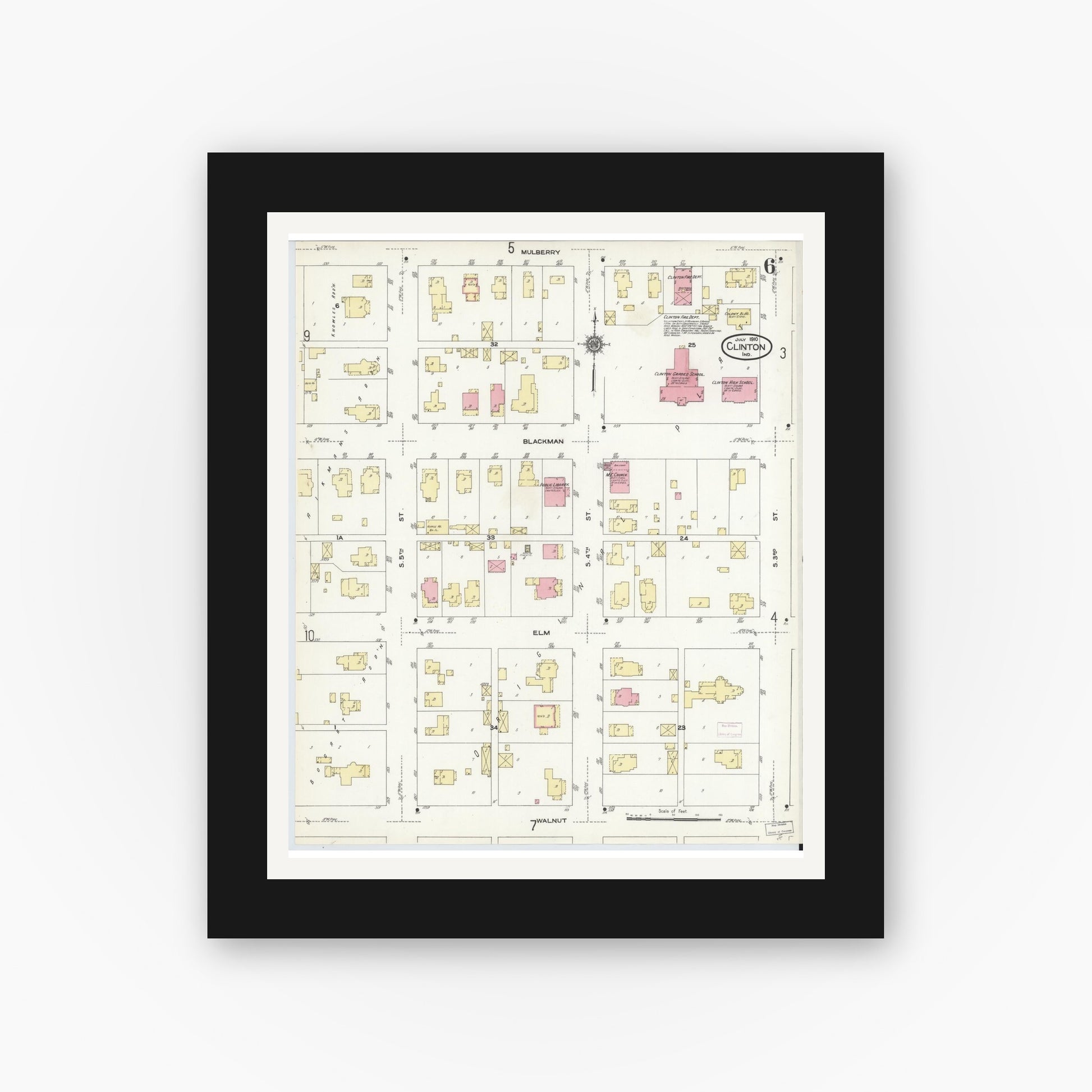 Old map wall art mockup — black gallery frame with white mat — Sanborn Fire Insurance Map from Clinton, Vermillion County, Indiana (1910), Sheet #0006
