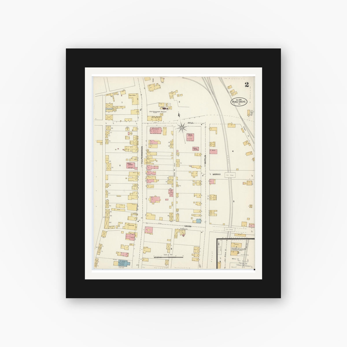 Old map wall art mockup — black gallery frame with white mat — Sanborn Fire Insurance Map from Pine Grove, Schuylkill County, Pennsylvania (1902), Sheet #0002