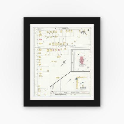 Old map wall art mockup — black gallery frame with white mat — Sanborn Fire Insurance Map from Newton, Sussex County, New Jersey (1916), Sheet #0009