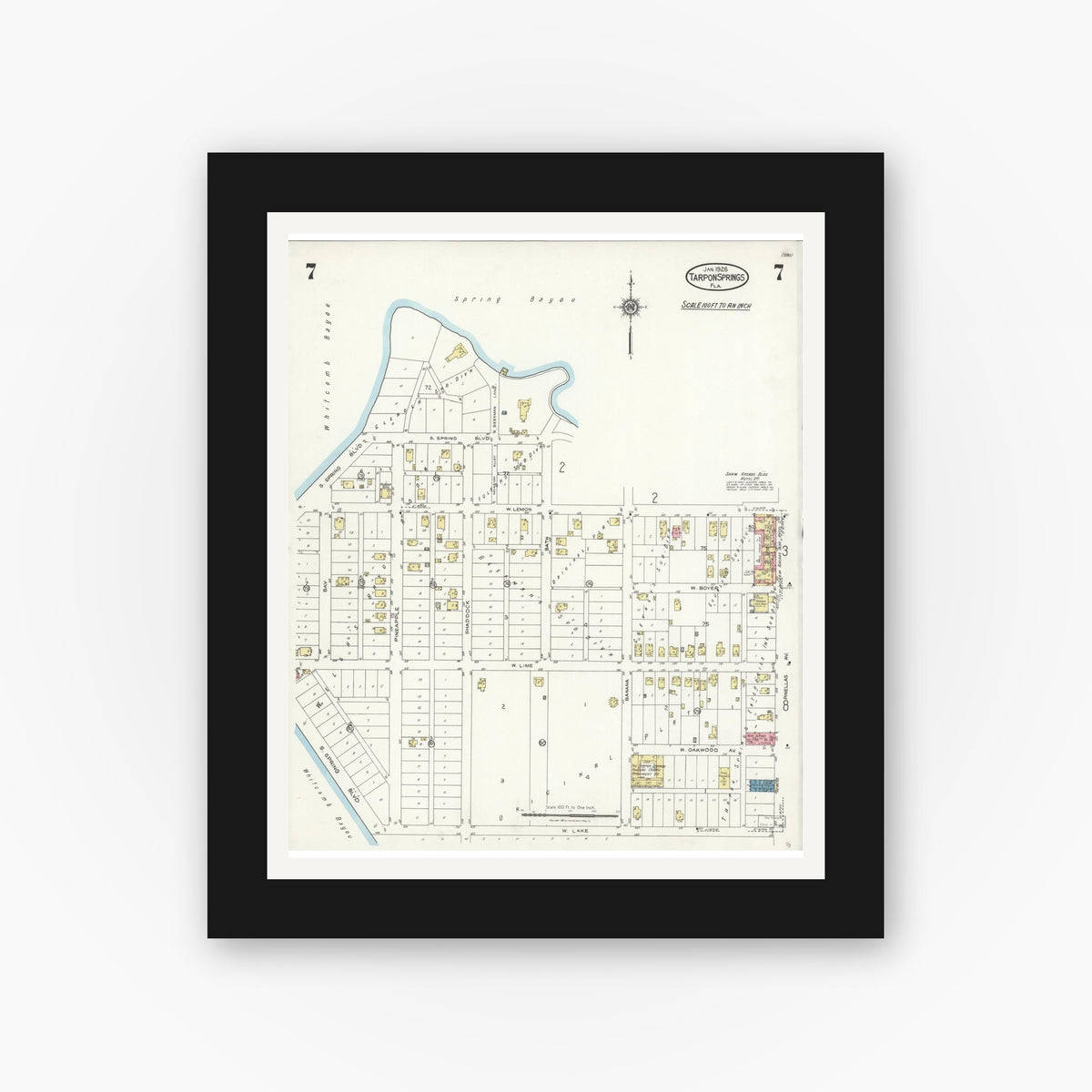 Old map wall art mockup — black gallery frame with white mat — Sanborn Fire Insurance Map from Tarpon Springs, Pinellas County, Florida (1926), Sheet #0007