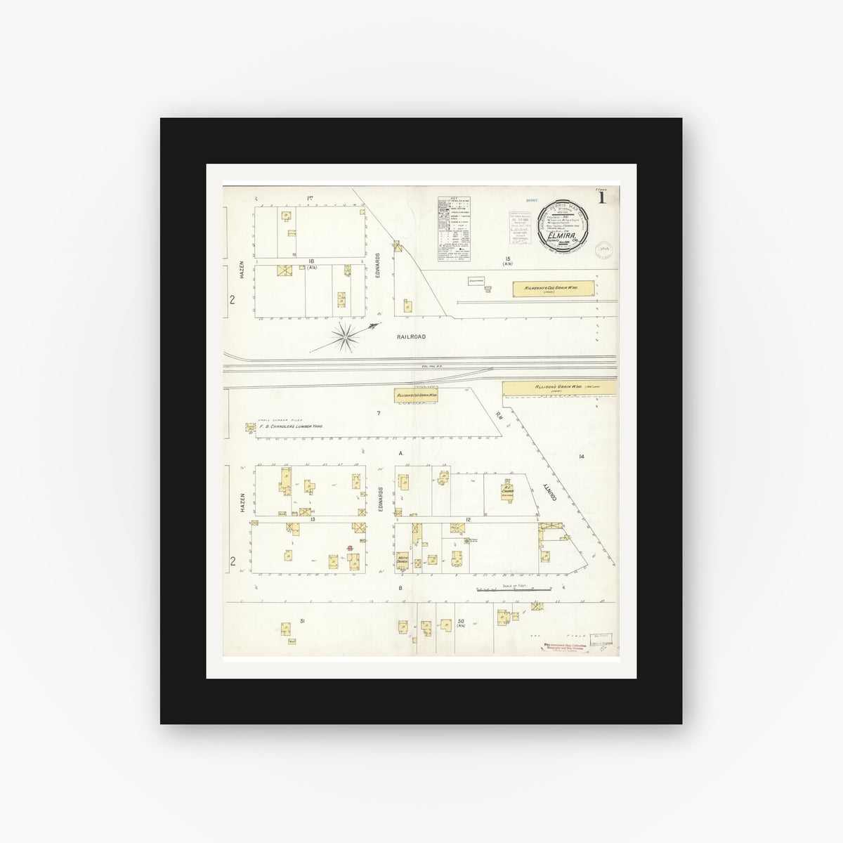 Old map wall art mockup — black gallery frame with white mat — Sanborn Fire Insurance Map from Elmira, Solano County, California (1900) - Complete Map Set