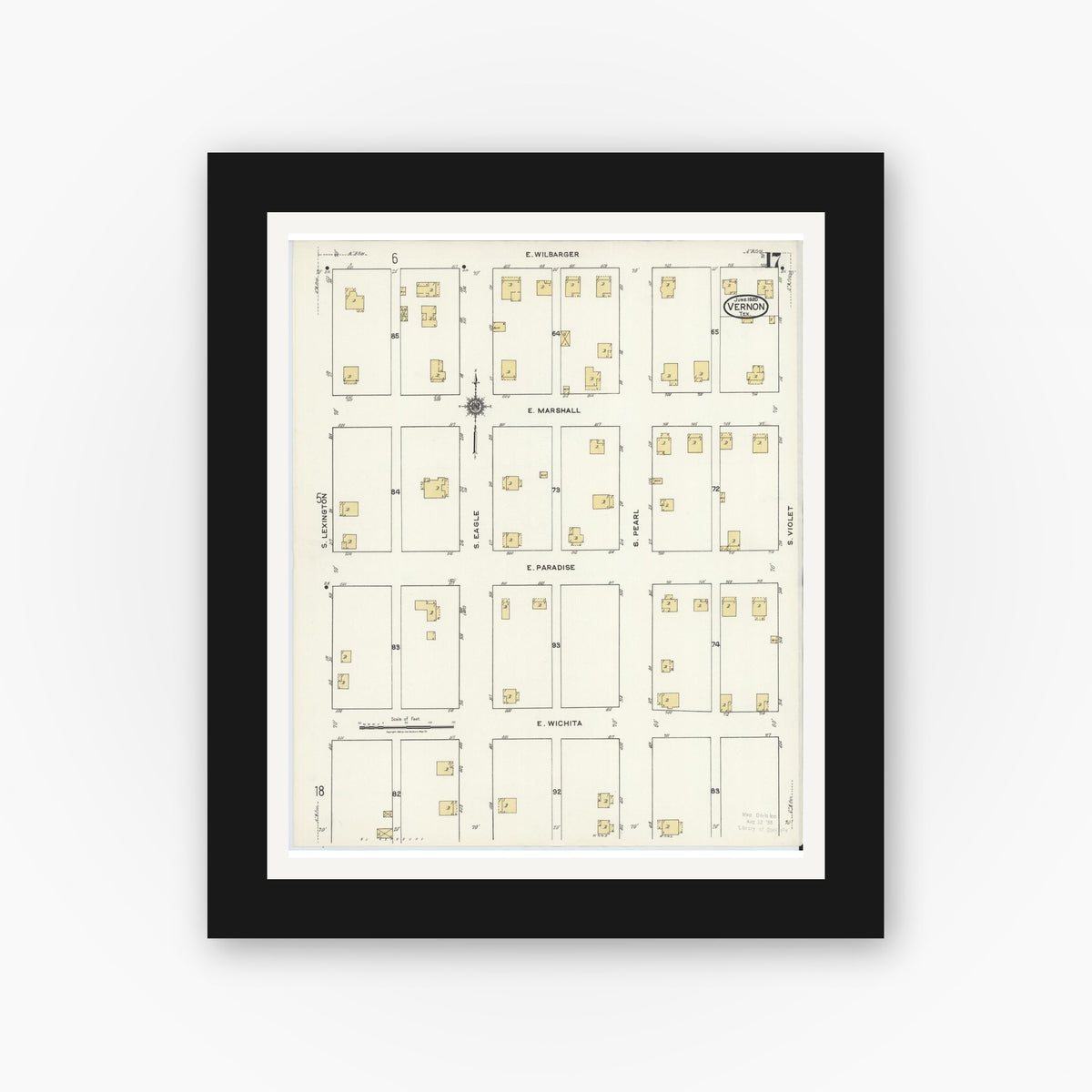 Old map wall art mockup — black gallery frame with white mat — Sanborn Fire Insurance Map from Vernon, Wilbarger County, Texas (1920), Sheet #0017
