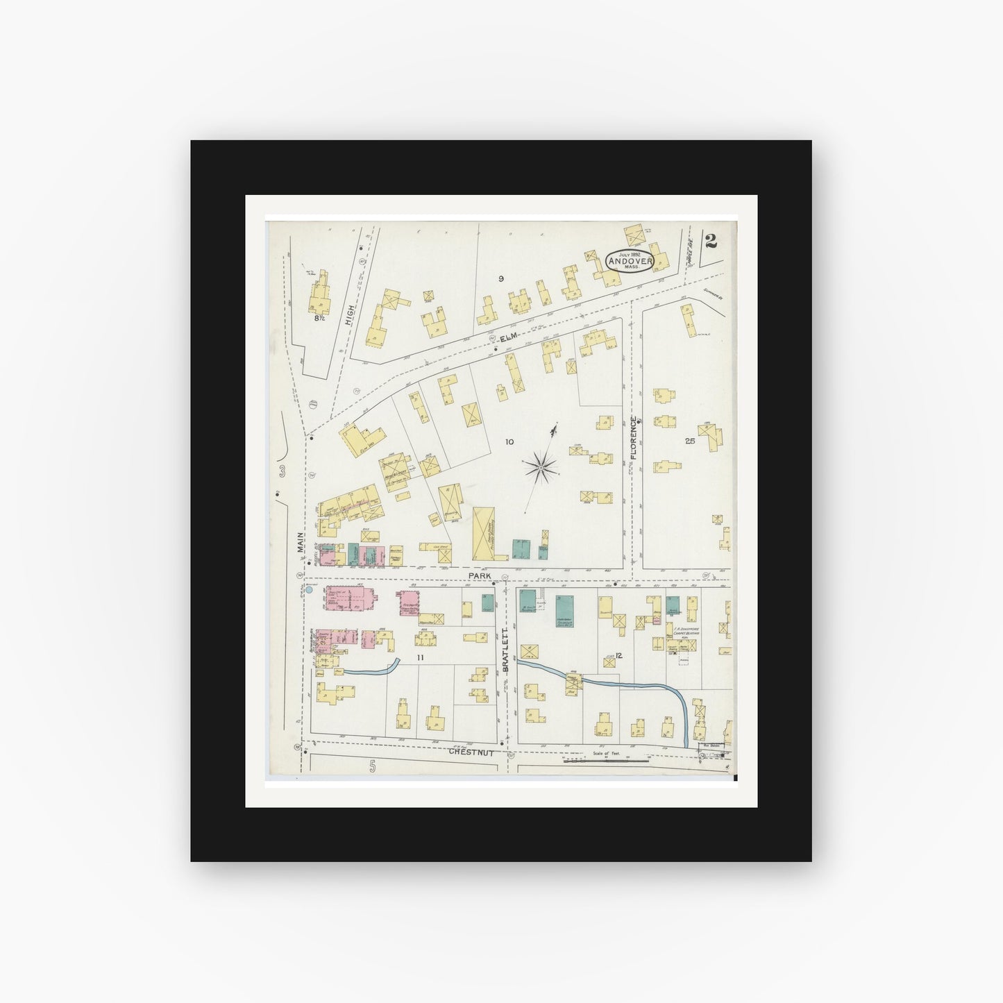 Old map wall art mockup — black gallery frame with white mat — Sanborn Fire Insurance Map from Andover, Essex County, Massachusetts (1892), Sheet #0002