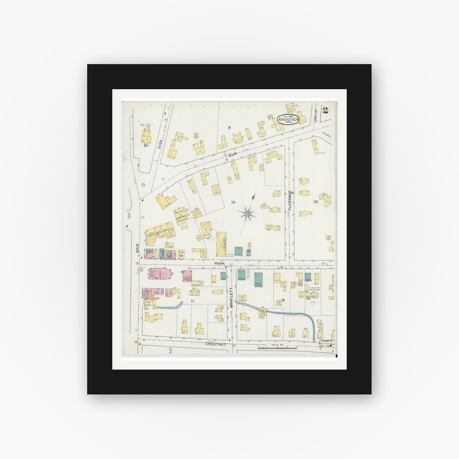 Old map wall art mockup — black gallery frame with white mat — Sanborn Fire Insurance Map from Andover, Essex County, Massachusetts (1892), Sheet #0002