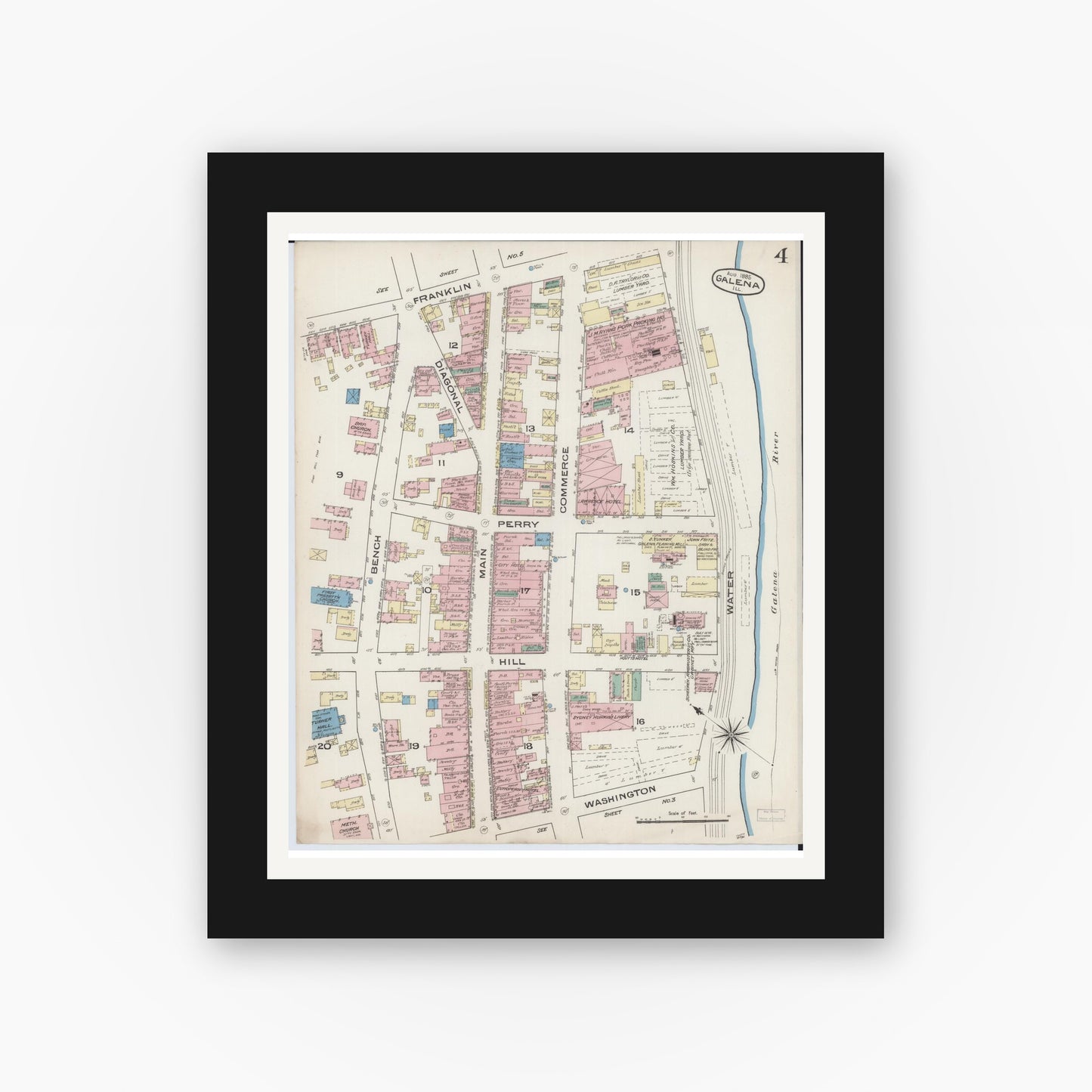 Old map wall art mockup — black gallery frame with white mat — Sanborn Fire Insurance Map from Galena, Jo Daviess County, Illinois (1885), Sheet #0004