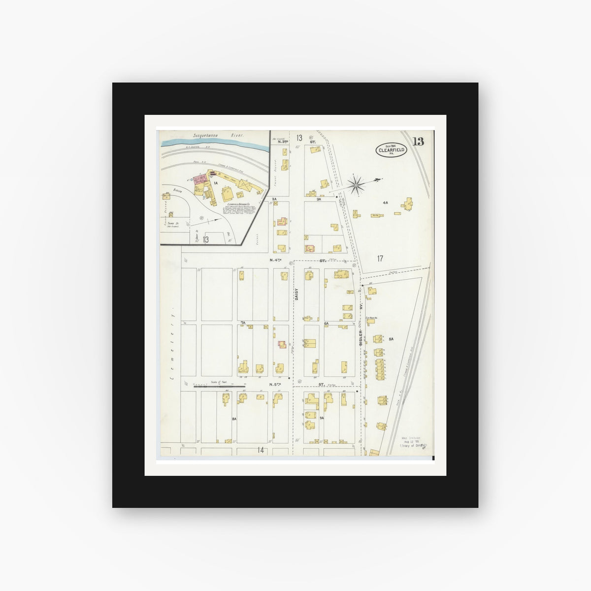 Old map wall art mockup — black gallery frame with white mat — Sanborn Fire Insurance Map from Clearfield, Clearfield County, Pennsylvania (1904), Sheet #0013