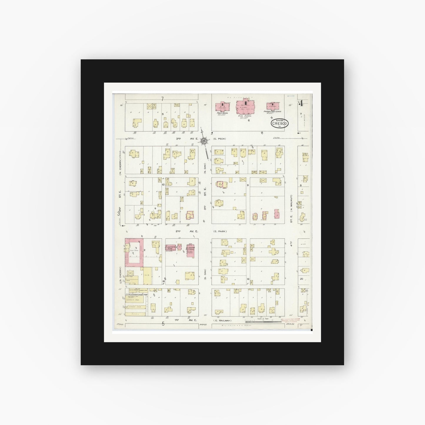 Old map wall art mockup — black gallery frame with white mat — Sanborn Fire Insurance Map from Cresco, Howard County, Iowa (1914), Sheet #0004