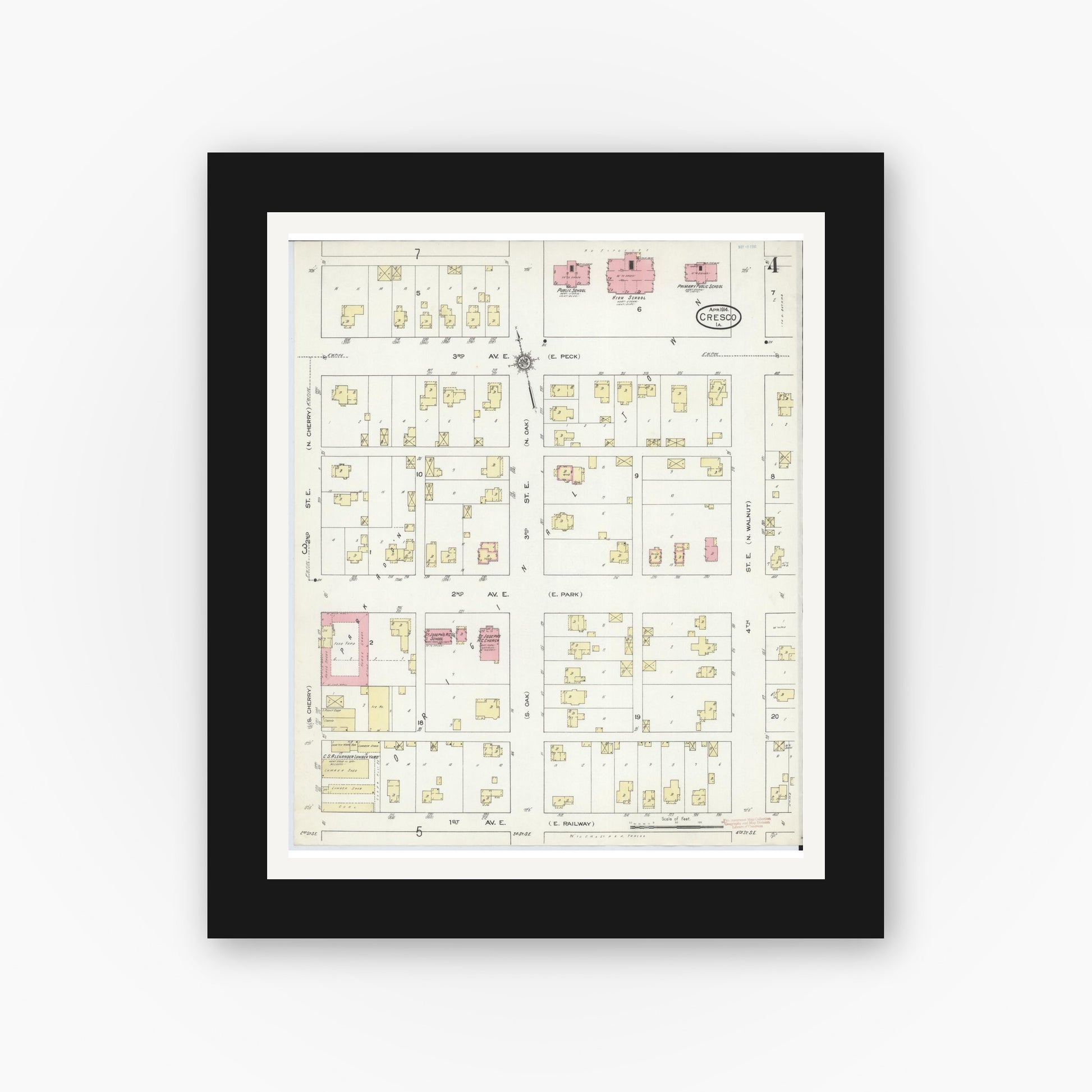 Old map wall art mockup — black gallery frame with white mat — Sanborn Fire Insurance Map from Cresco, Howard County, Iowa (1914), Sheet #0004