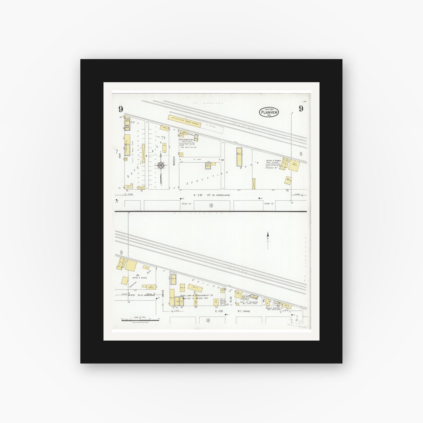 Old map wall art mockup — black gallery frame with white mat — Sanborn Fire Insurance Map from Plainview, Hale County, Texas (1927), Sheet #0009