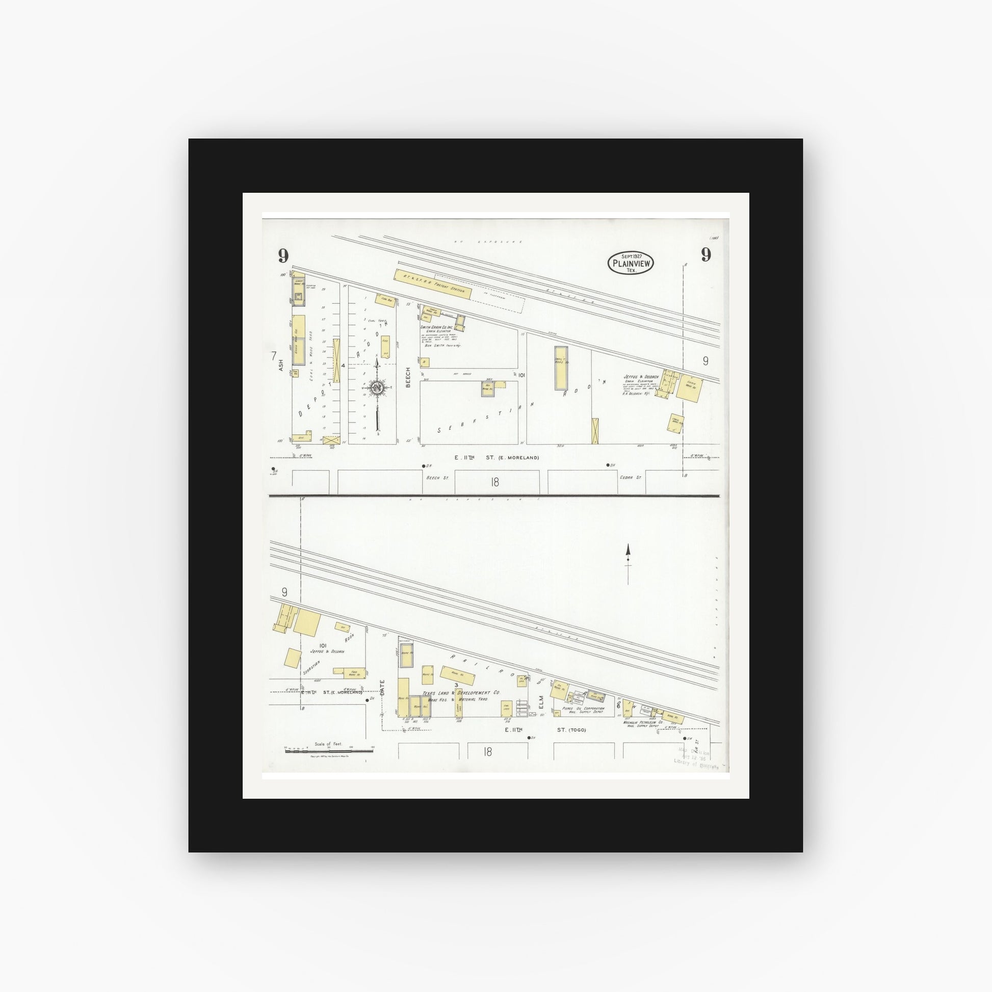 Old map wall art mockup — black gallery frame with white mat — Sanborn Fire Insurance Map from Plainview, Hale County, Texas (1927), Sheet #0009