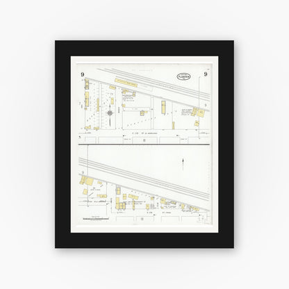 Old map wall art mockup — black gallery frame with white mat — Sanborn Fire Insurance Map from Plainview, Hale County, Texas (1927), Sheet #0009