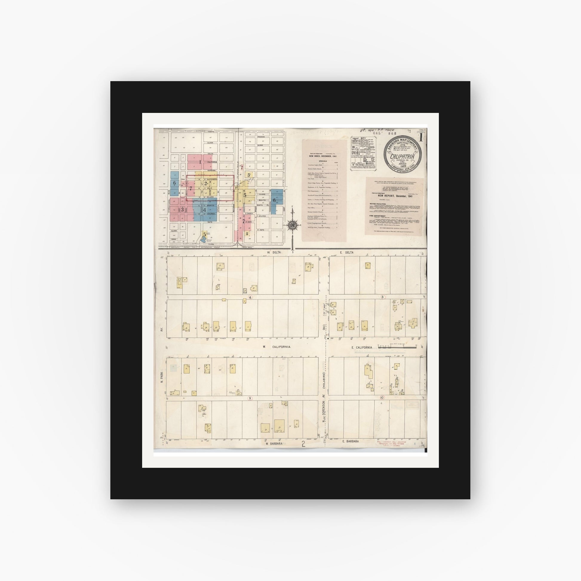 Old map wall art mockup — black gallery frame with white mat — Sanborn Fire Insurance Map from Calipatria, Imperial County, California (1941) - Complete Map Set