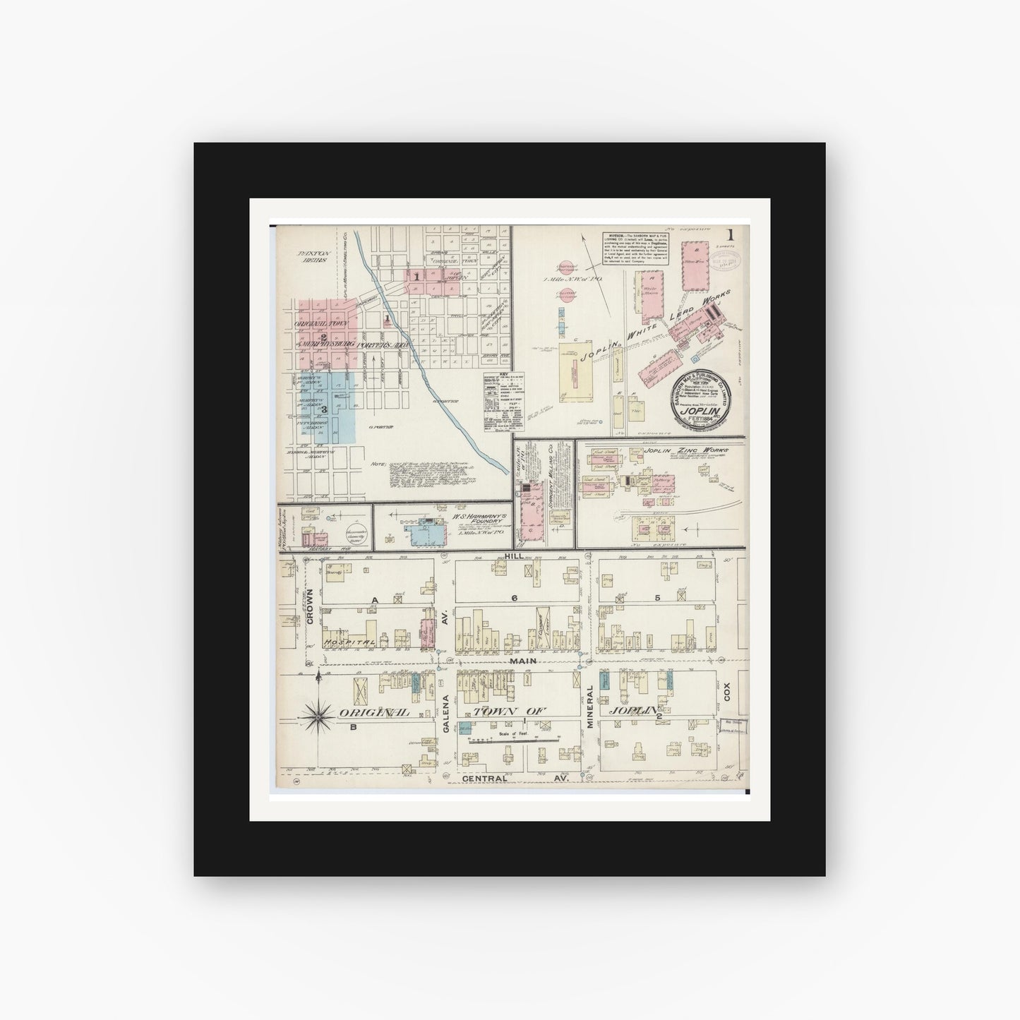 Old map wall art mockup — black gallery frame with white mat — Sanborn Fire Insurance Map from Joplin, Jasper County, Missouri (1884), Sheet #0001